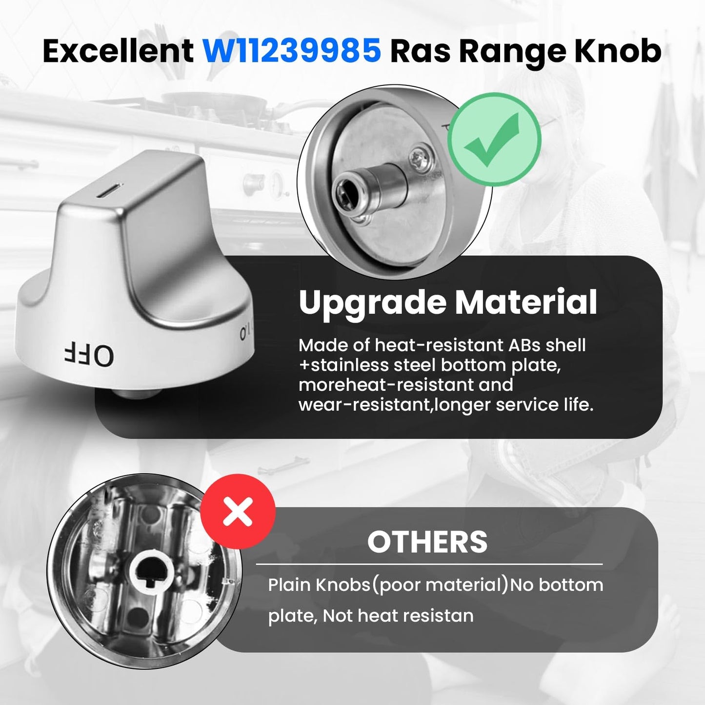 W11239985 W10850015 Range Control Knobs Replace 4845290 AP6333411 PS12578779 PD00061875,Compatible with Whirlpool Gas Stove WFG525S0HZ1 WFG550S0HZ0 WFG525S0HZ0 WFG525S0JV0,5PCS