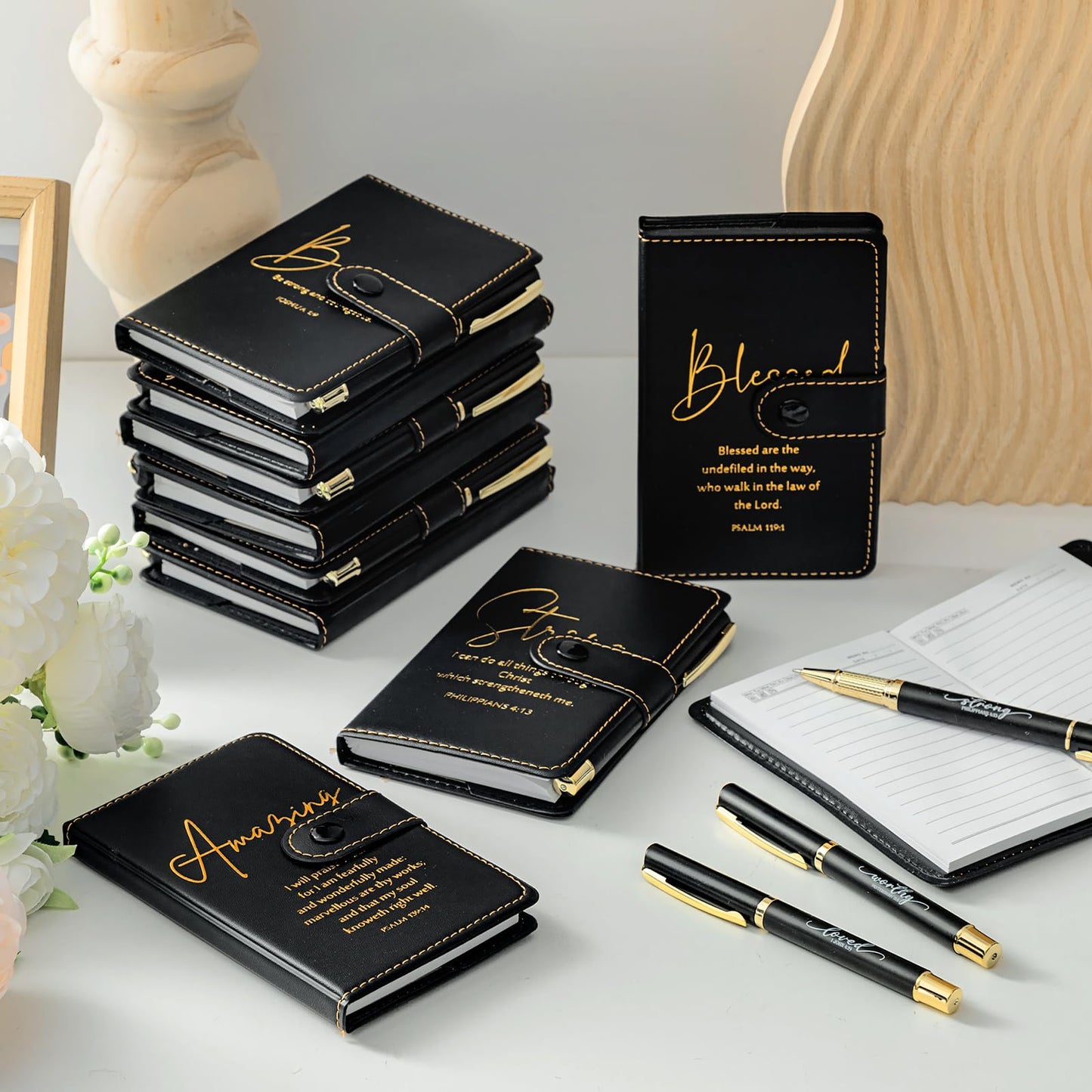 Spakon 10 Sets Fathers Day Christian Gifts Bulk for Church Men Women Religious Leather Notebook Prayer Journal with Pen Bible Study Group Scripture Teacher Dad Husband (Bible Verse,Black)