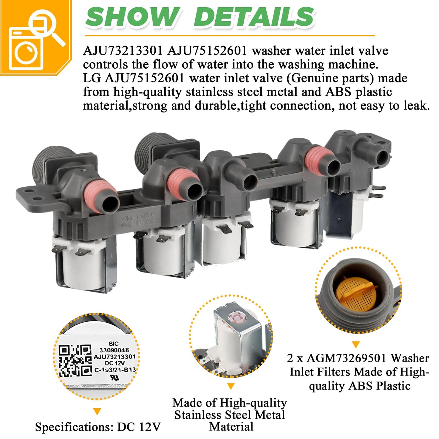 0EM AJU73213301 AJU75152601 5221ea1008f Washer Water Inlet Valve【2025】- AP6308239 Replaces for Kenmore LG Washers wt5680hva wt5270cw wt7200cw wt7200cv wt1201cw WT5001c* wt4801cw Water Inlet Valve