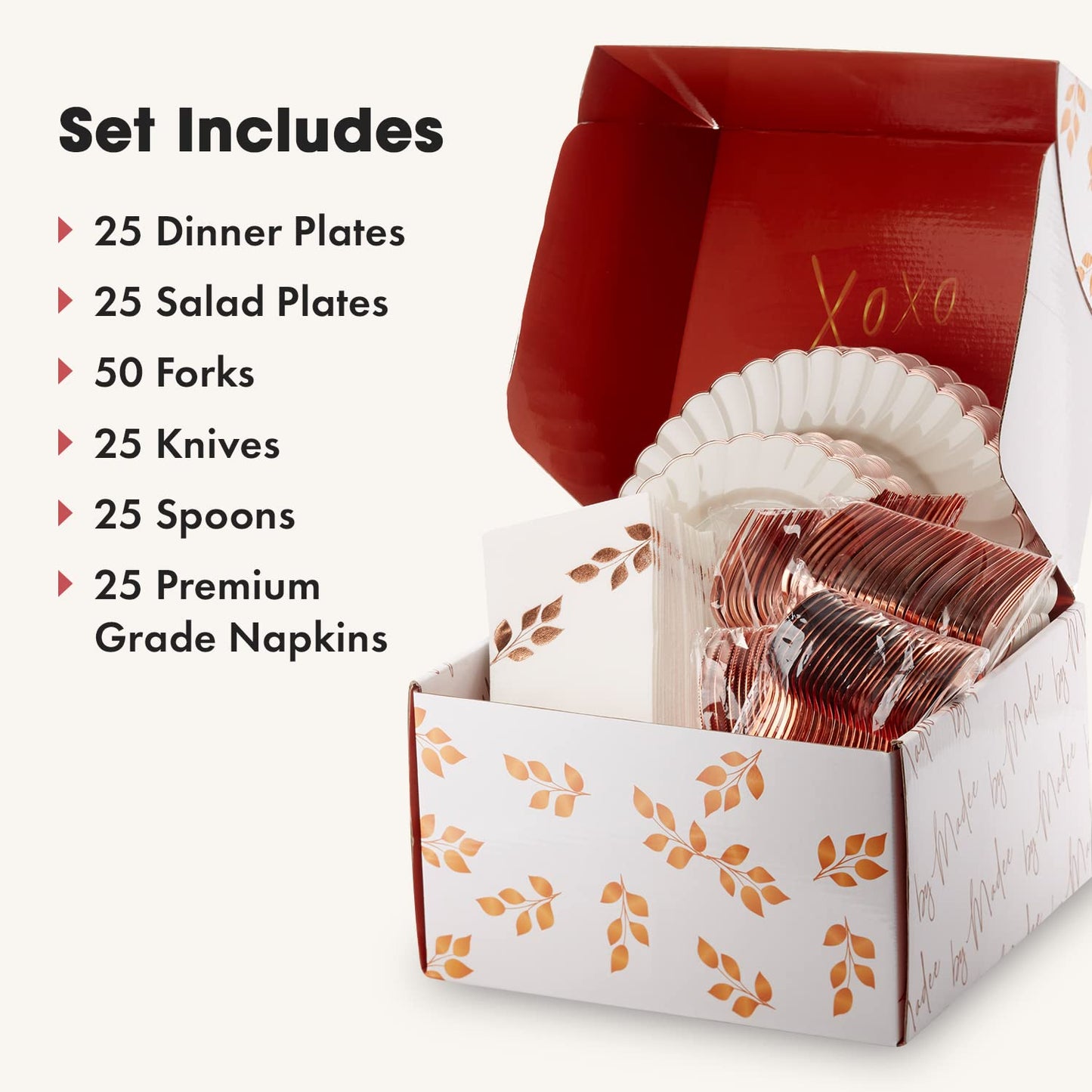 By Madee HEAVYWEIGHT 175 Pc Fancy Disposable Dinnerware Set | Ivory Rose Gold Scalloped Plates and Napkins, Cutlery Elegant Disposable Plates Set for Wedding, Bridal Shower, Baby Shower (25 Guests)