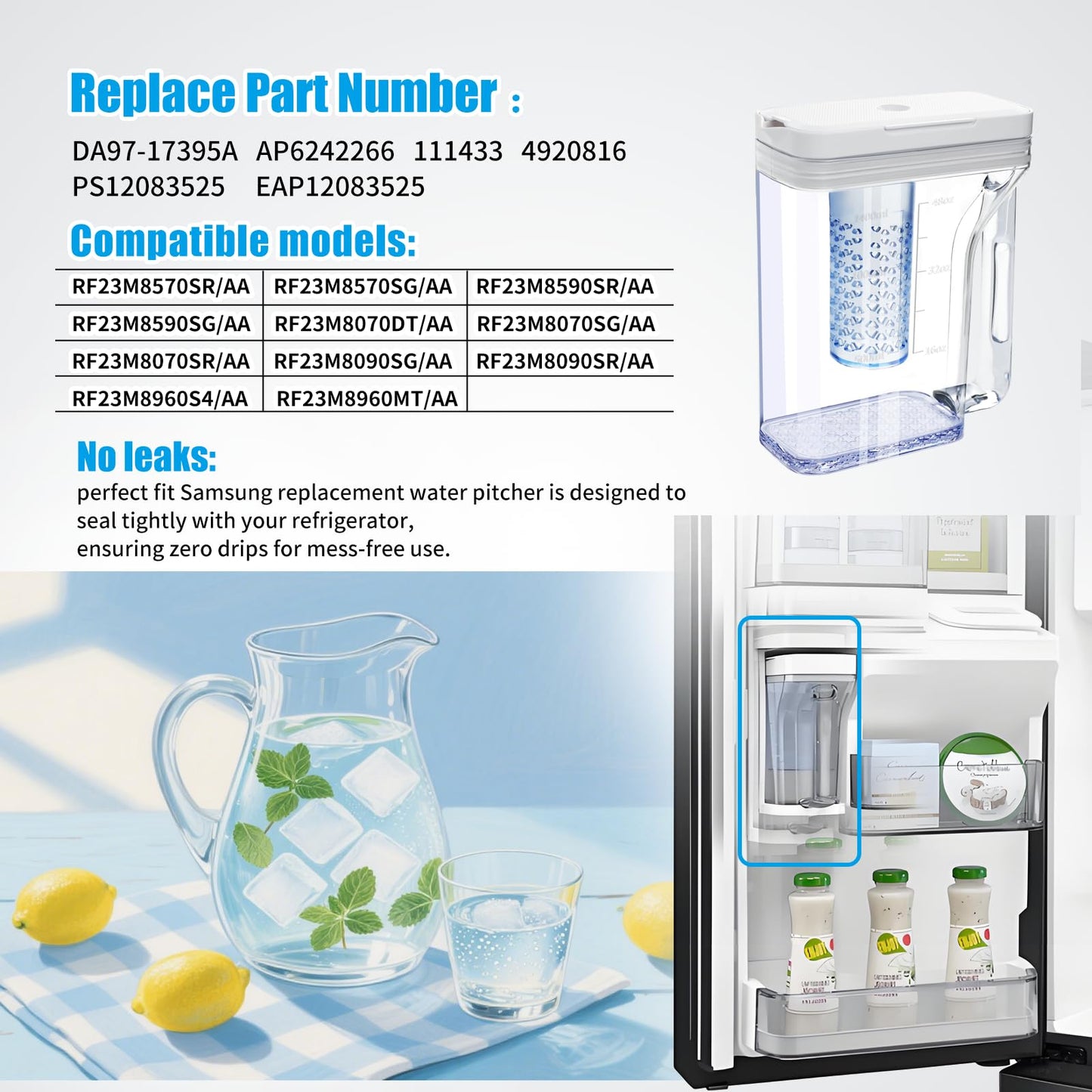 Upgraded Refrigerator water Pitcher DA97-17395A Compatible With Samsung Fridge water Reservoir, Double sealing Fridge reservoir NO leak, Water Tank Fit Samsung Refrigerator (White)
