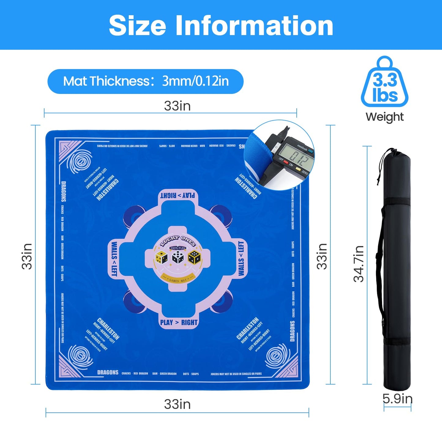 Mahjong Mat (33"x33") Noise Reduction Non-Slip, American Mahjong Mat for Table with 3 Dice & Carrying Bag, Waterproof Surface Mah Jongg Mats for Poker, Card, Dominoes, Board & Tile Games (Blue)