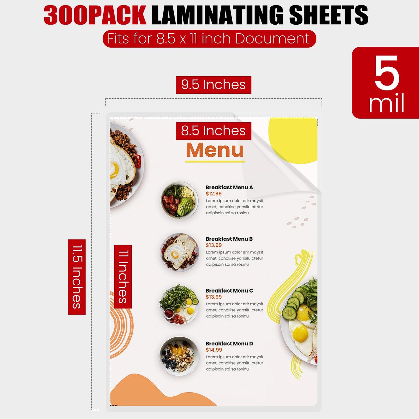 CAREGY 300 Pack Laminating Sheets, Holds 8.5 x 11 Inch Sheets,5 Mil Thermal Laminating Pouches,9 x 11.5 Inches Lamination Sheet Paper for Laminator, Clear, Letter Size, Office and School Supplies