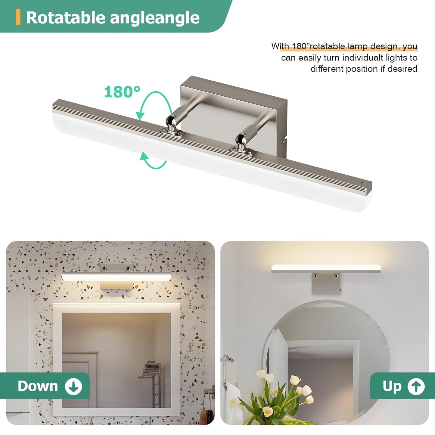 KELIDEN Brushed Nickel Vanity Light, 15.7” Dimmable LED Bathroom Light Bar with 5CCT, Adjustable Angle – Modern Wall Lighting for Bathroom, Powder Room, Bedroom, Apartment, Hotel