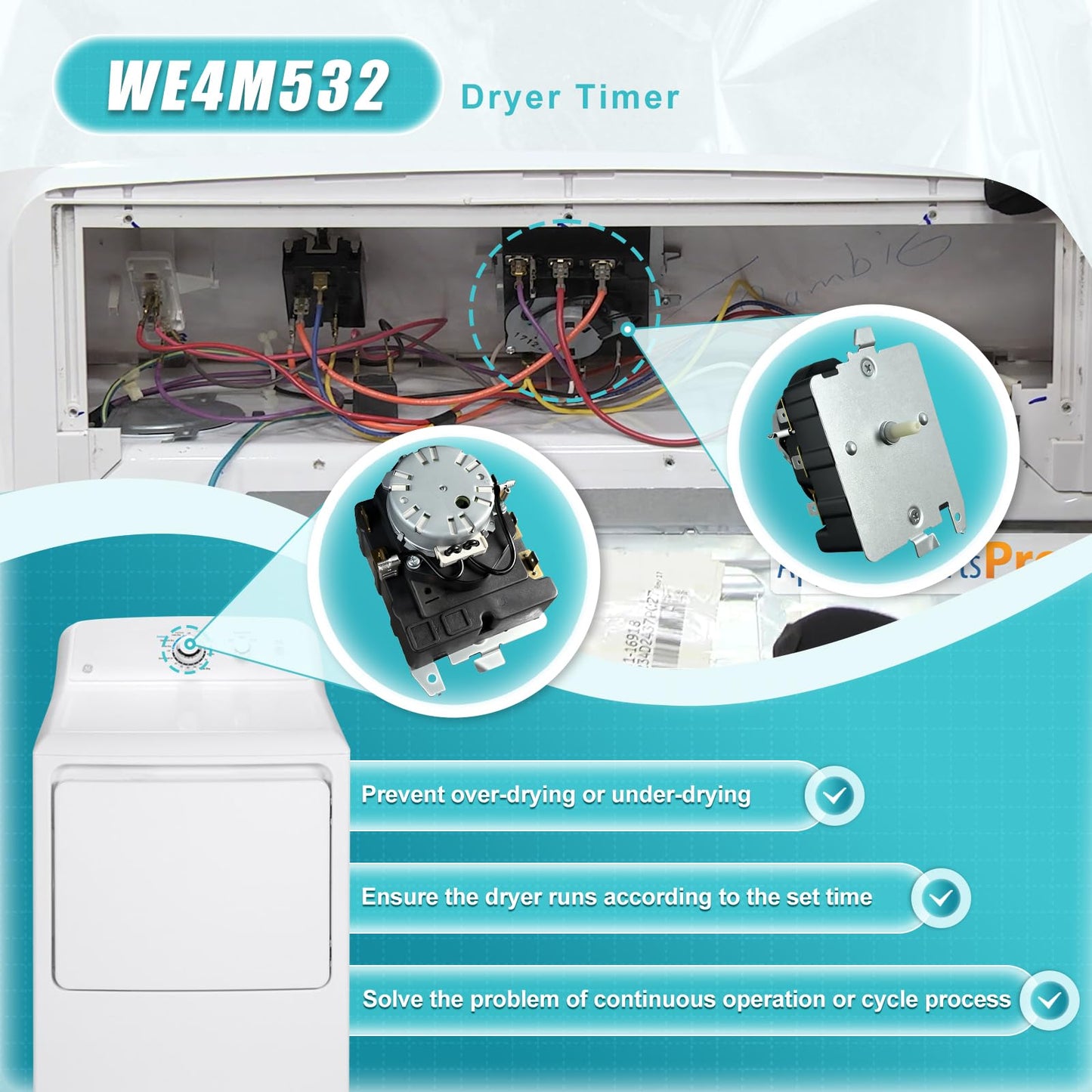 WE4M532 Dryer Timer Compatible with GE Hotpoint, Replacement Part 234D1296P004 TMD1FM07 WE04M0532 WE4M362 WE4M532-24PK 3029573 AP5788219 PS8746223 EAP8746223