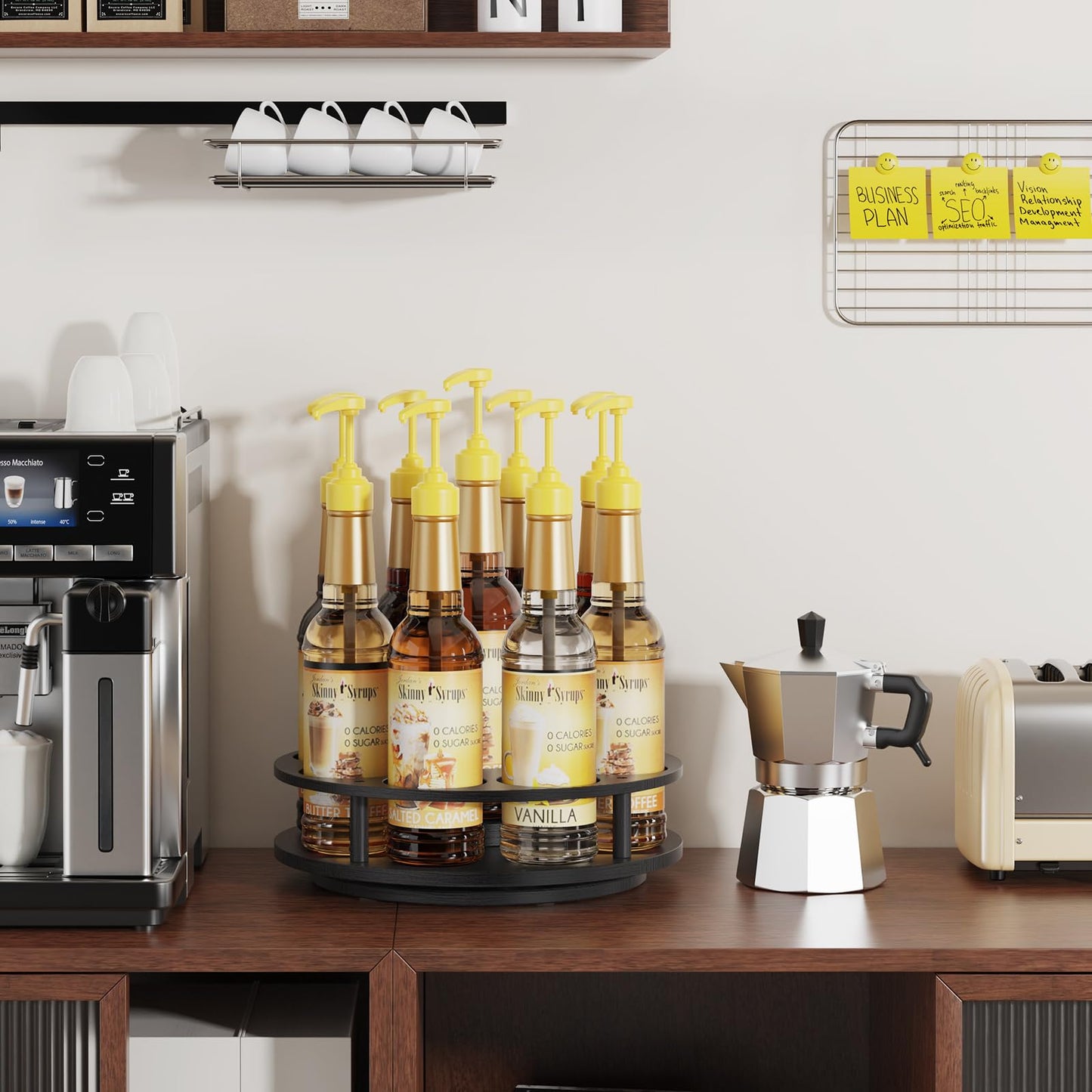 THYGIFTREE Rotating Coffee Syrup Organizer for Countertop, 9-Bottle Wooden Syrup Rack & Bottle Holder for Coffee Bar Station, Turntable Display Stand, Black
