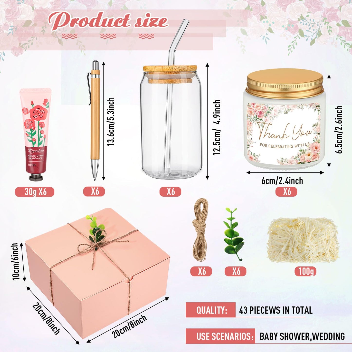 Reallnaive 6 Sets Baby Shower Prizes for Game Winners, Baby Shower Favors Including Glass Cup Scented Candles Hand Cream Pens Gift Box with Raffia for Gender Reveal Wedding Bridal Party Prizes(Pink)