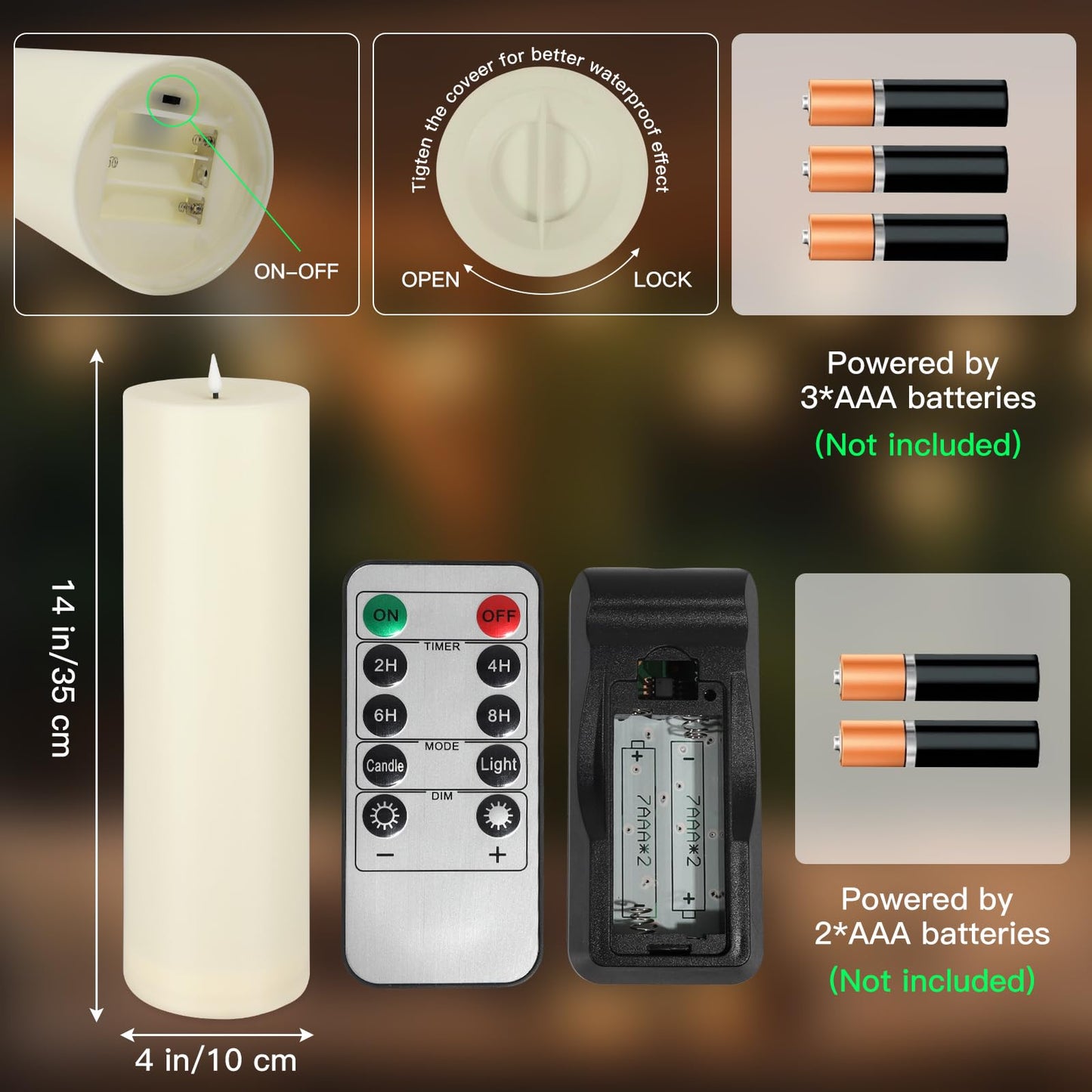 14" x 4" Large Outdoor Candles, Waterproof Flickering LED Flameless Candles with Timer, Battery Operated Candles with Remote Control Realistic Fake Pillar for Patio Porch Lanterns, Ivory 2 Pack