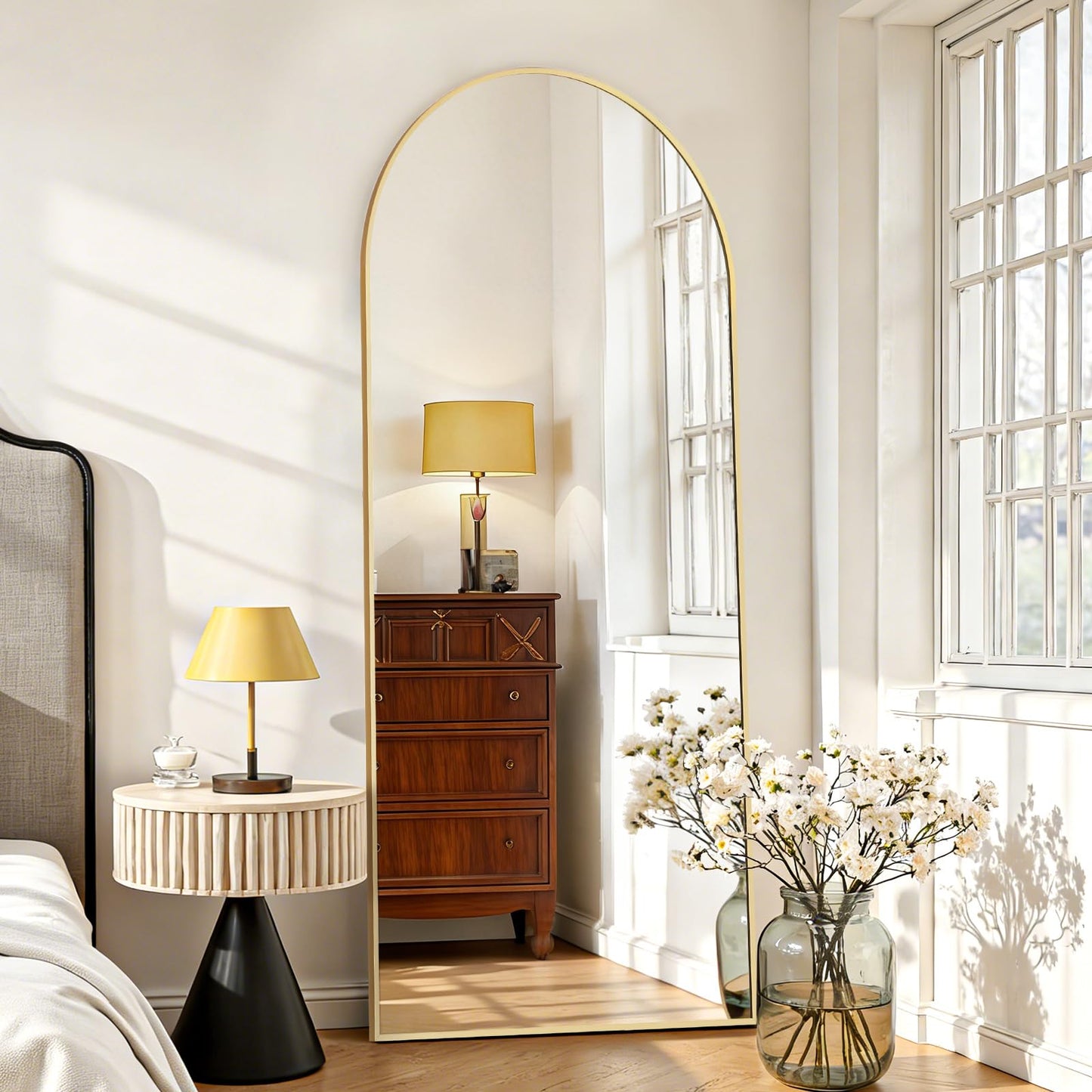 Mirror Full Length 64"x21" Full Body Floor Mirror with Stand, Shatterproof Glass, Aluminum Alloy Frame, Free Standing Wall Mounted or Leaning Arched Mirrors for Bedroom Living Room Entryway