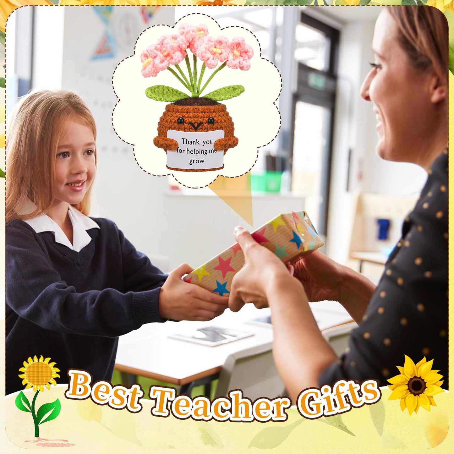 Wavwavw 3 Pack Teacher Appreciation Gift Positive Flower Handmade Crochet Doll Thank You for Helping Me Grow Gifts Back to School Gifts for Women Teacher(Forget Me Not)