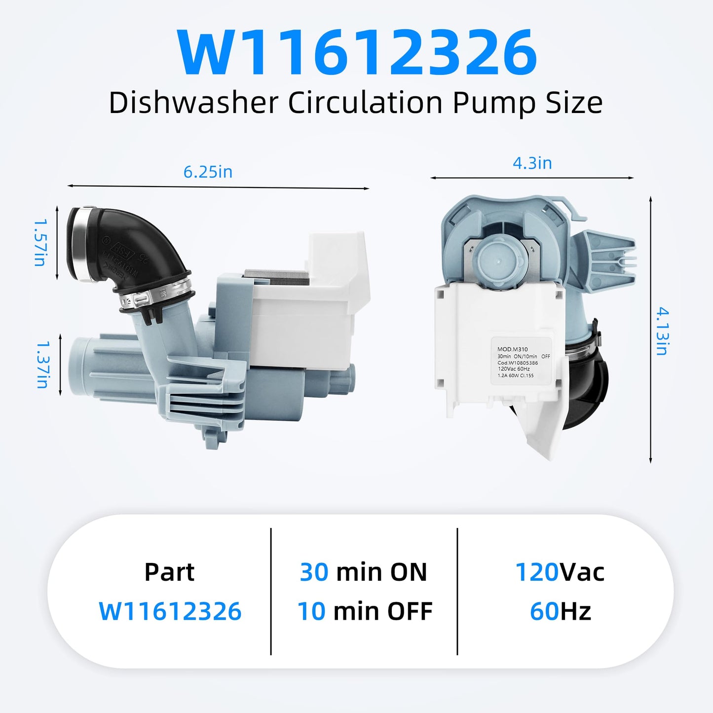 W11612326 W11521435 Dishwasher Drain Pump Replacement for Whirlpool Kenmore Amana WDF520PADM7 WDF520PADM9 WDF330PAHS3 WDP540HAMZ0 WDT540HAMZ0 W10805386 W10879262 AP7193729 PS16744934