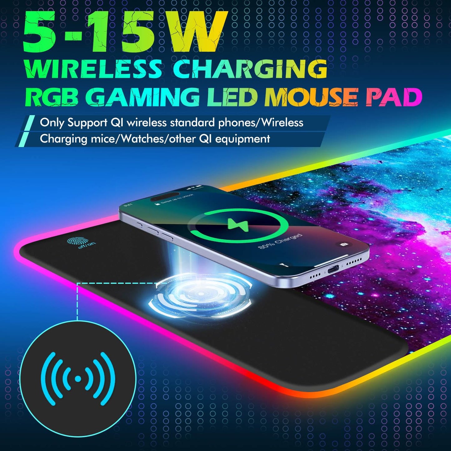ToLuLu RGB Gaming Wireless Charging Mouse Pad, 5/7.5/10/15W 10 Light Modes LED Mouse Pad Computer Keyboard Mat Mousepad, 800x300x4MM Extended Large Desk Mat for Gaming, MacBook, Laptop, PC, Galaxy