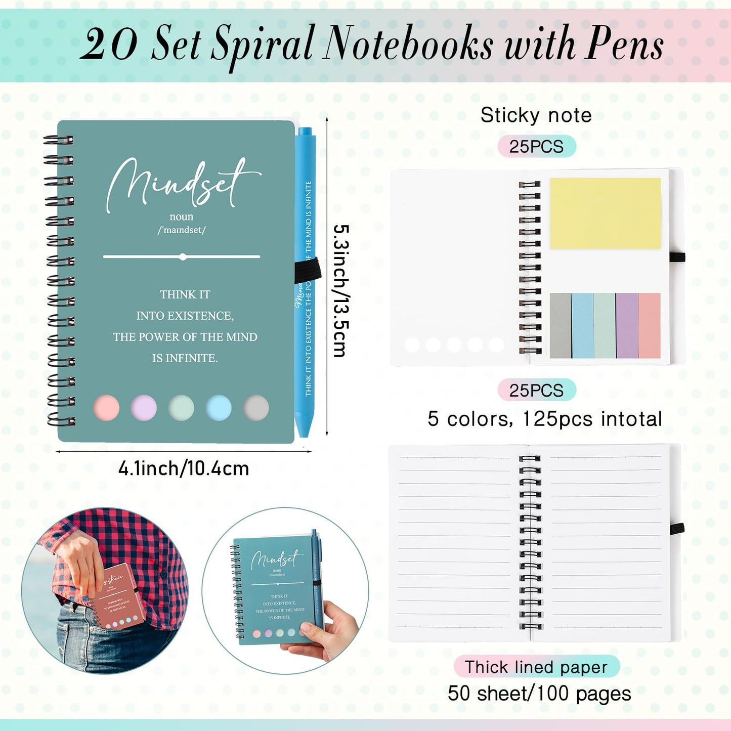 TecUnite 40 Pcs Motivational Spiral Notebooks with Sticky Notes Pen Inspirational Journals Bulk Appreciation Gift for Teacher Nurse Graduation Employee Team Coworker Staff (Macaron)