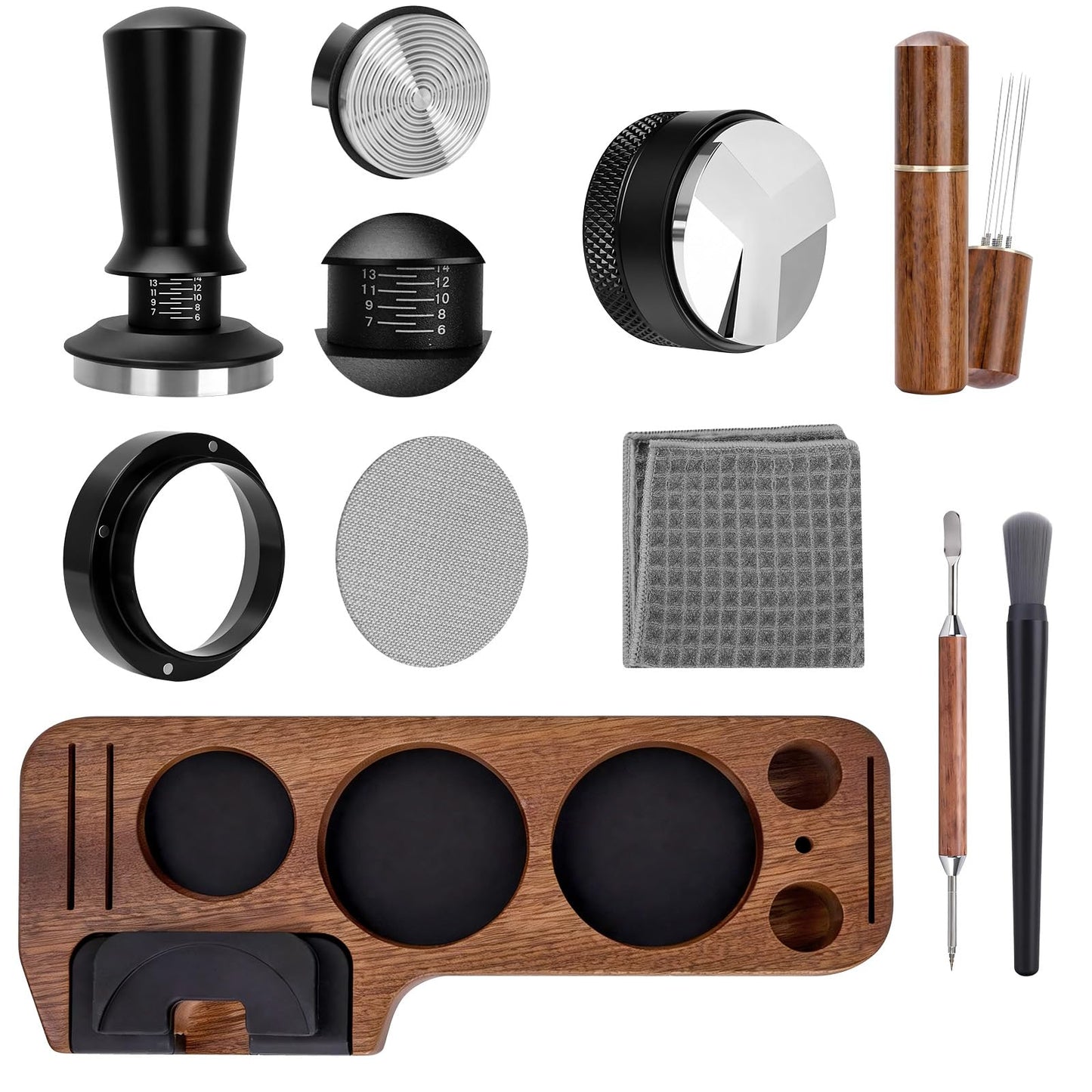 CEILUPY 9 Pack Espresso Tamper Station&Coffee Distributor Tamper&Espresso WDT Stirrer&Coffee Tamping&Brush&Coffee Dosing Funnel&Espresso Puck Screen, Latte Art pen and Towel (54 mm)