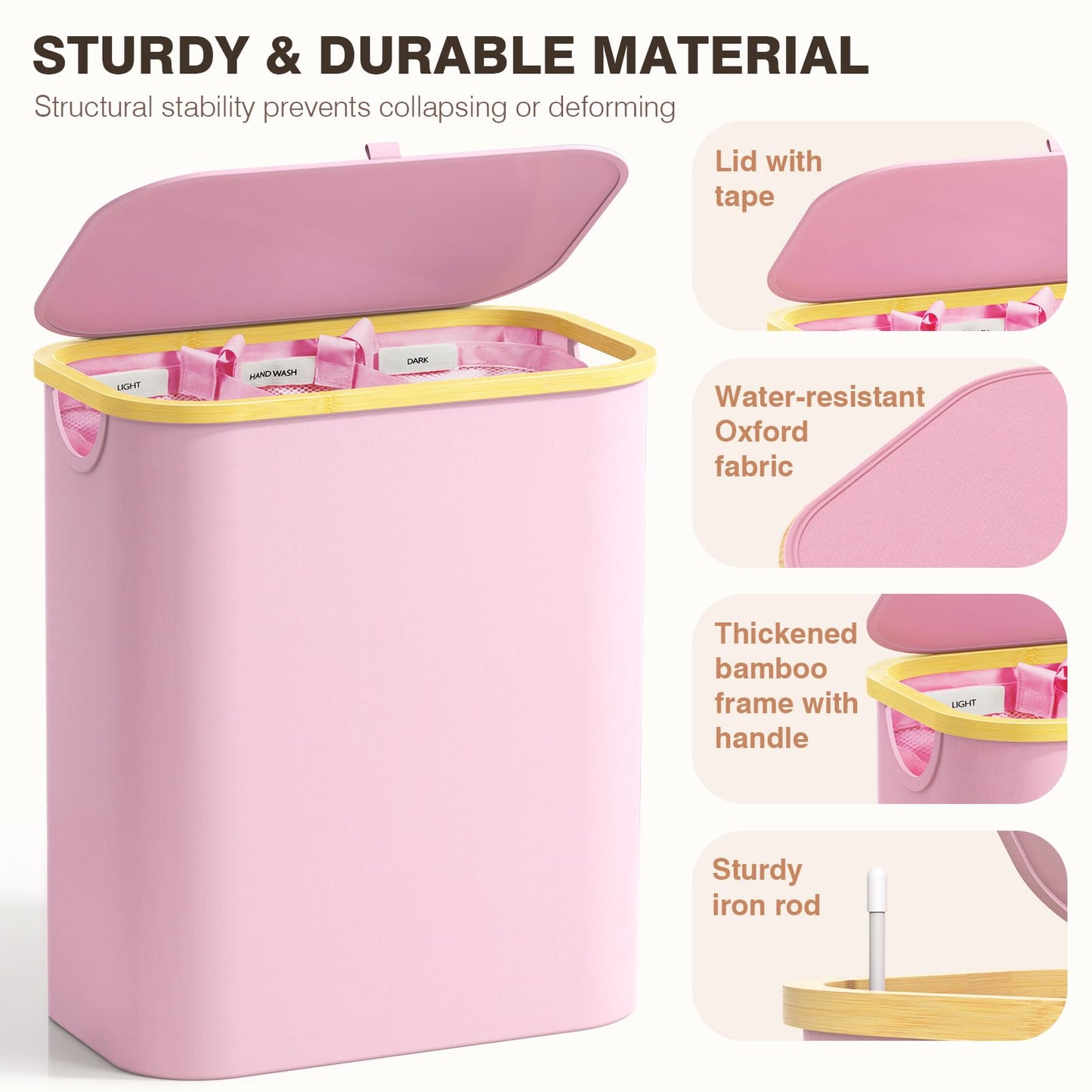Hampers for Laundry Basket with Lid, 160L Extra Large 3 Section Clothes Divided Organizer for Bedroom, Laundry Room, Dirty Clothing Hamper, Pink