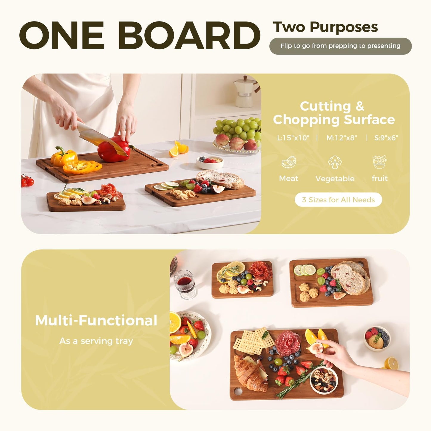 Bamboo Cutting Board for Kitchen, 3-Piece Set with Juice Grooves, Side Handles & Non-Slip Mats – Durable Bamboo Chopping Board for Meat, Vegetables and Fruits