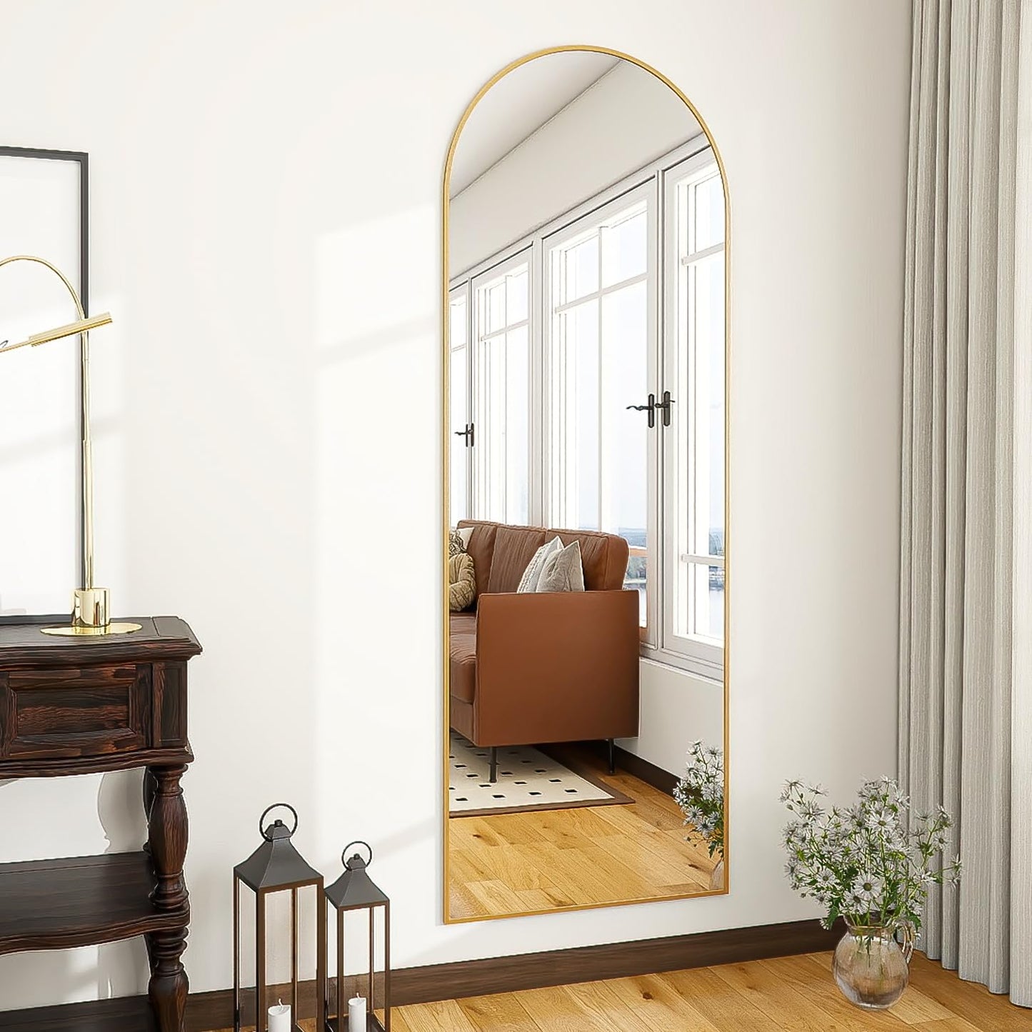 OGCAU Floor Mirror Full Length, 56"x20" Arched-Top Full Body Mirror, Hanging or Leaning, Standing, Wall Mirror with Aluminum Frame for Bedroom Living Room, Gold