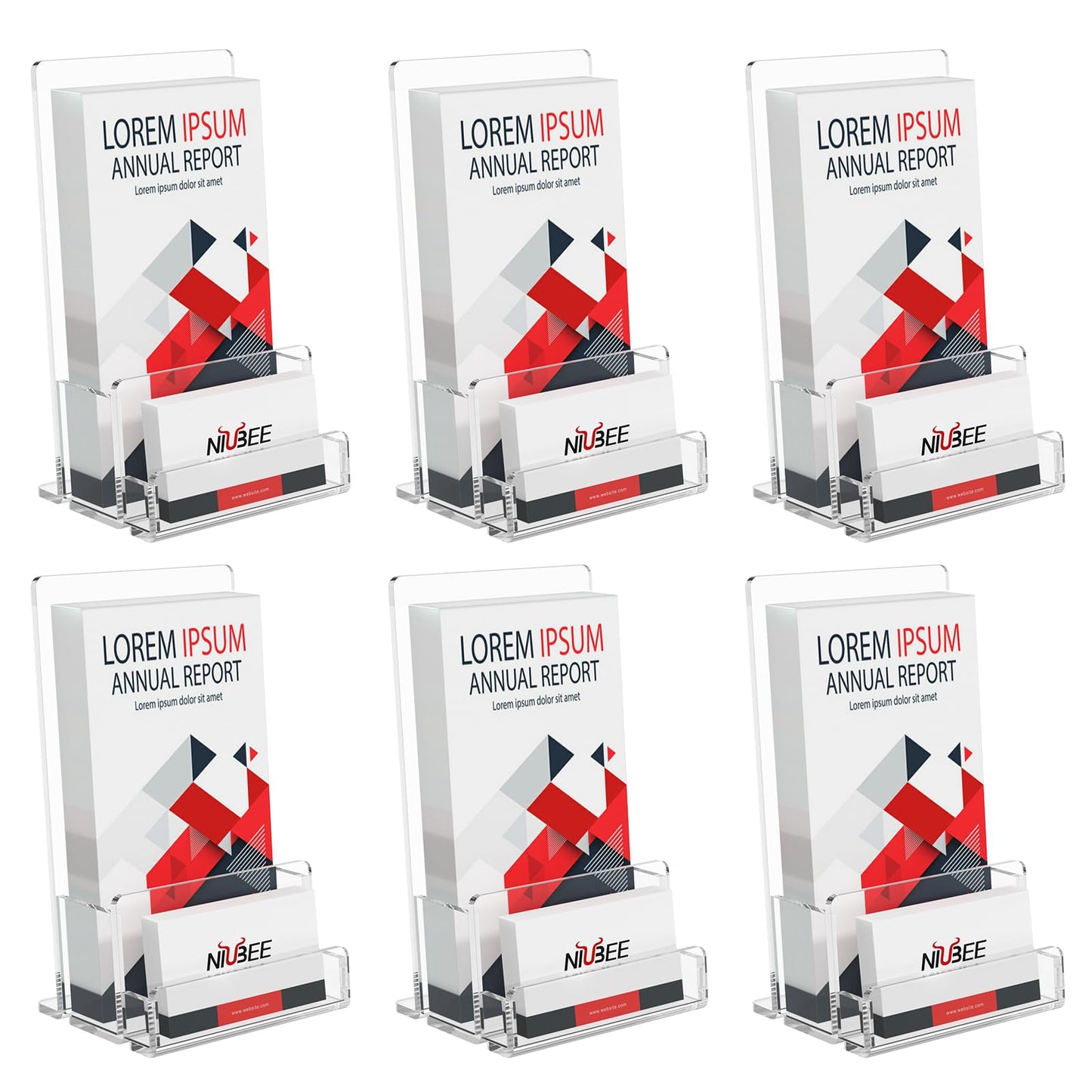 NIUBEE 6-Pack Acrylic Brochure Holder 4‘’ , Clear Brochure Display Stand with Acrylic Business Card Holder, Plastic Flyer Display Stand for Magazine, Pamphlet, Booklets, Menu, Journals, Business Card