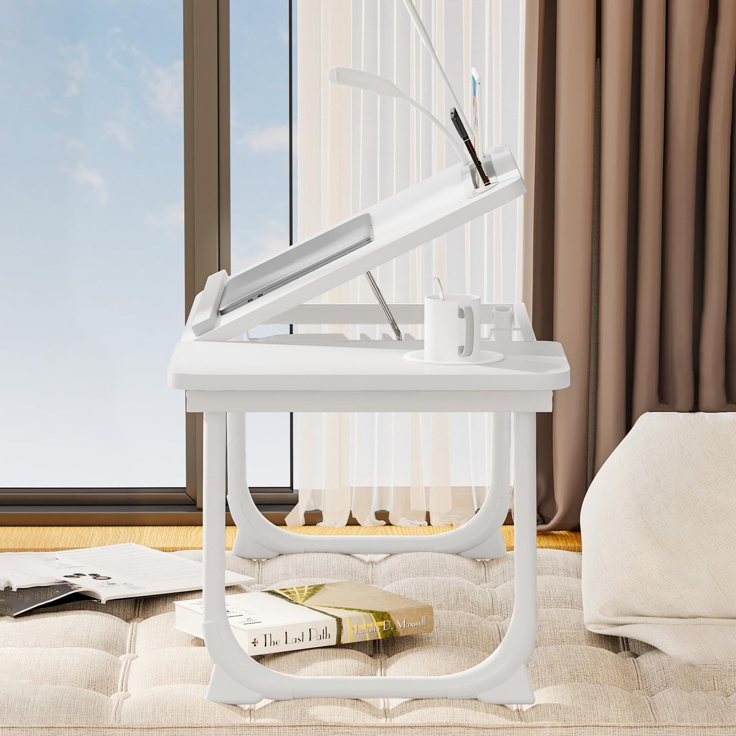 Laptop Desk for Bed, Adjustable Laptop Stand with 5 Different Angles, Portable Lap Tray Table with USB Charge Port and Cup Holder, Laptop Bed Desk Tray for Eating Working Writing (White)