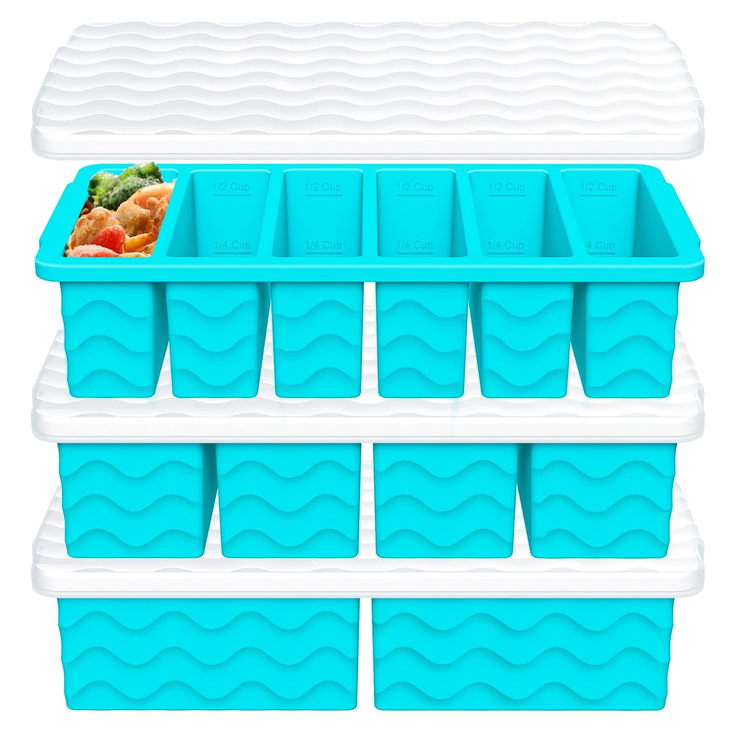 3-Pack Silicone Freezer Trays with Lid,2 Large 2-Cup(500ml)&4 Medium 1-Cup(250ml)&6 Small 1/2-Cup(125ml) Soup Freezer Container Molds,Ice Cube Tray For Meal Prep&Freezing Soup,Stews,Sauces