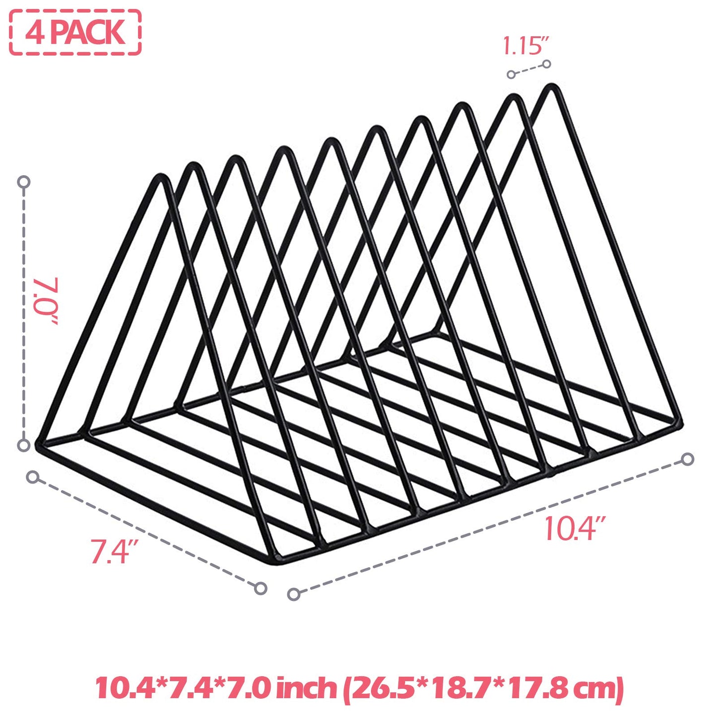 XINFULL 4 Pack Triangle File Storage Holder Racks Iron Desktop Magazine Organizer Metal Newspapers Folders for Office Table Desk Bookshelf Home Decoration, Black