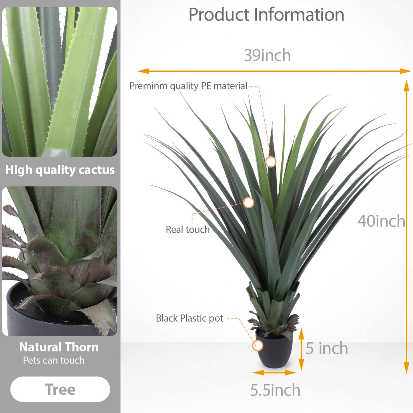 Logkity Artificial Spiked Agave Plant 40inch Faux Agave Plants for Front Porch Patio Indoor Outdoor Home Office Decor