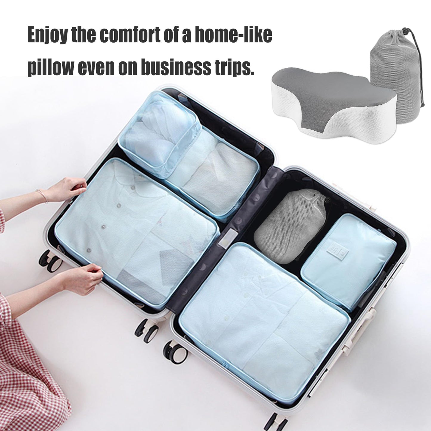 Bespilow Camping Travel Pillow for Sleeping - Memory Foam Cervical Neck Support Pillow for Neck Pain Relief, Inflatable Alternative, Compressible Cooling Orthopedic Pillow for Backpacking, Airplane