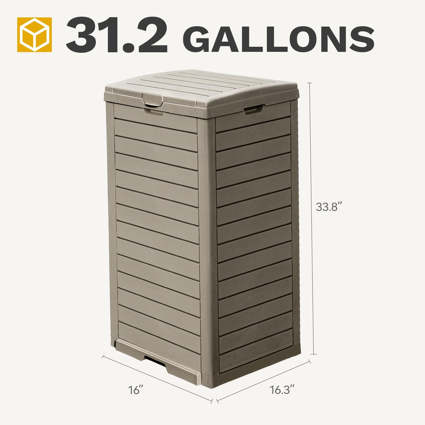 DWVO 38 Gallon Outdoor Trash Can with Lid & Drip Tray, Waterproof Hideaway Garbage Bin, Waste Container for Patio, Backyard, Deck, Garden, Easy Assembly & Clean (Taupe)
