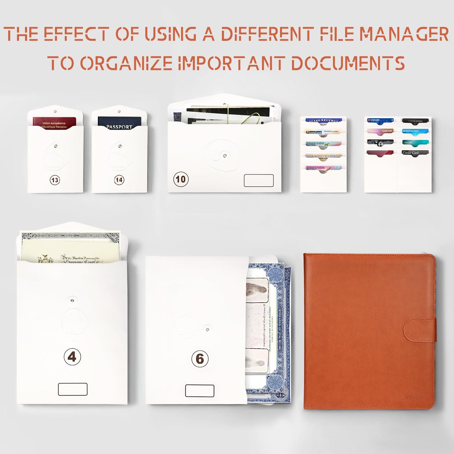 JOYCE Important Document Organizer Binder with Expanding File Folder, Folders with Pockets for Important Papers, Birth Certificates & Letters, Home Files Organization Portfolio Folder (Brown Leather)