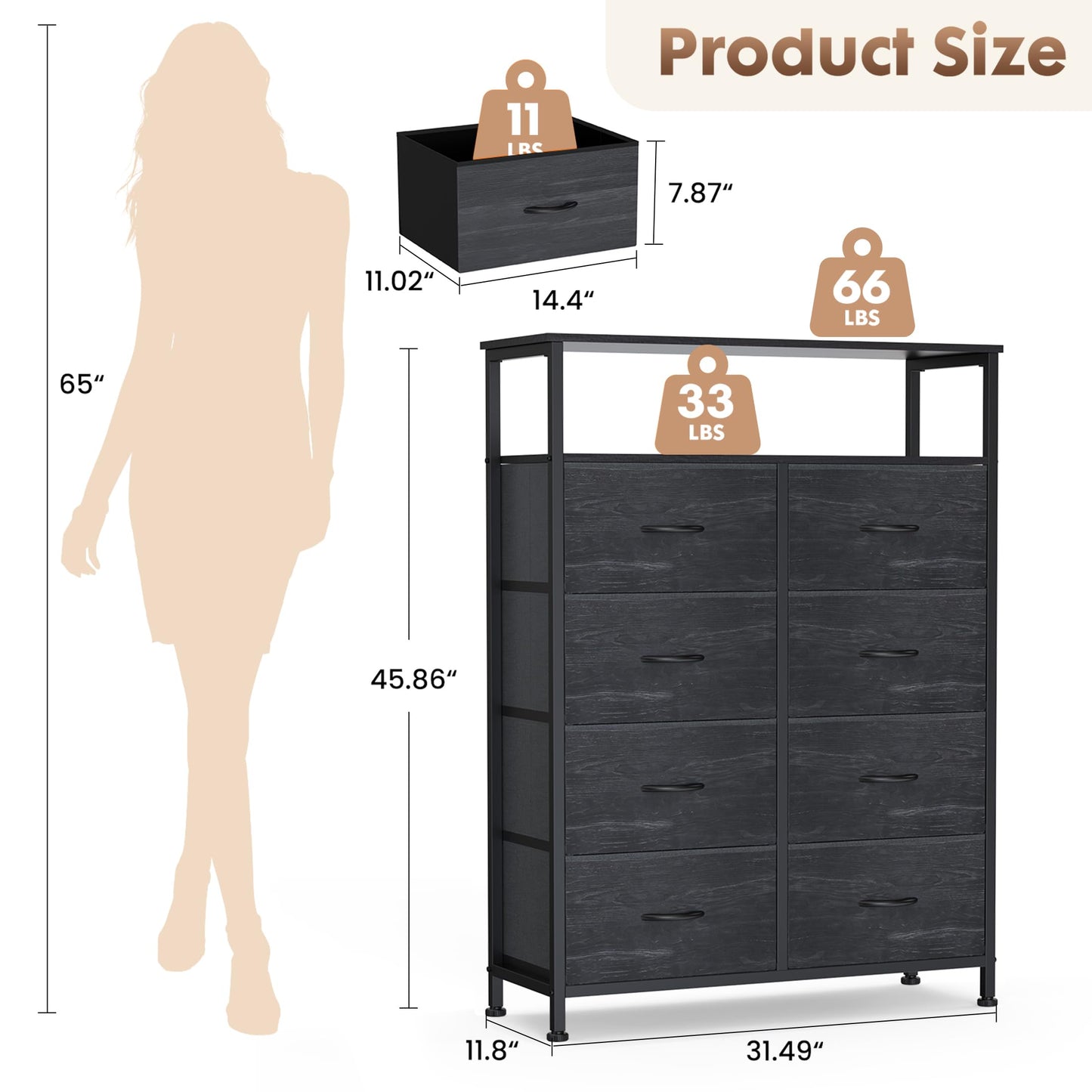 DUMOS Fabric Dresser for Bedroom with 8 Drawers, Tall 8-Drawer Chest of Drawers with Raised Shelf, Storage Tower with Fabric Bins for Closet Organization, Hallway Storage, Black Wood Grain Print