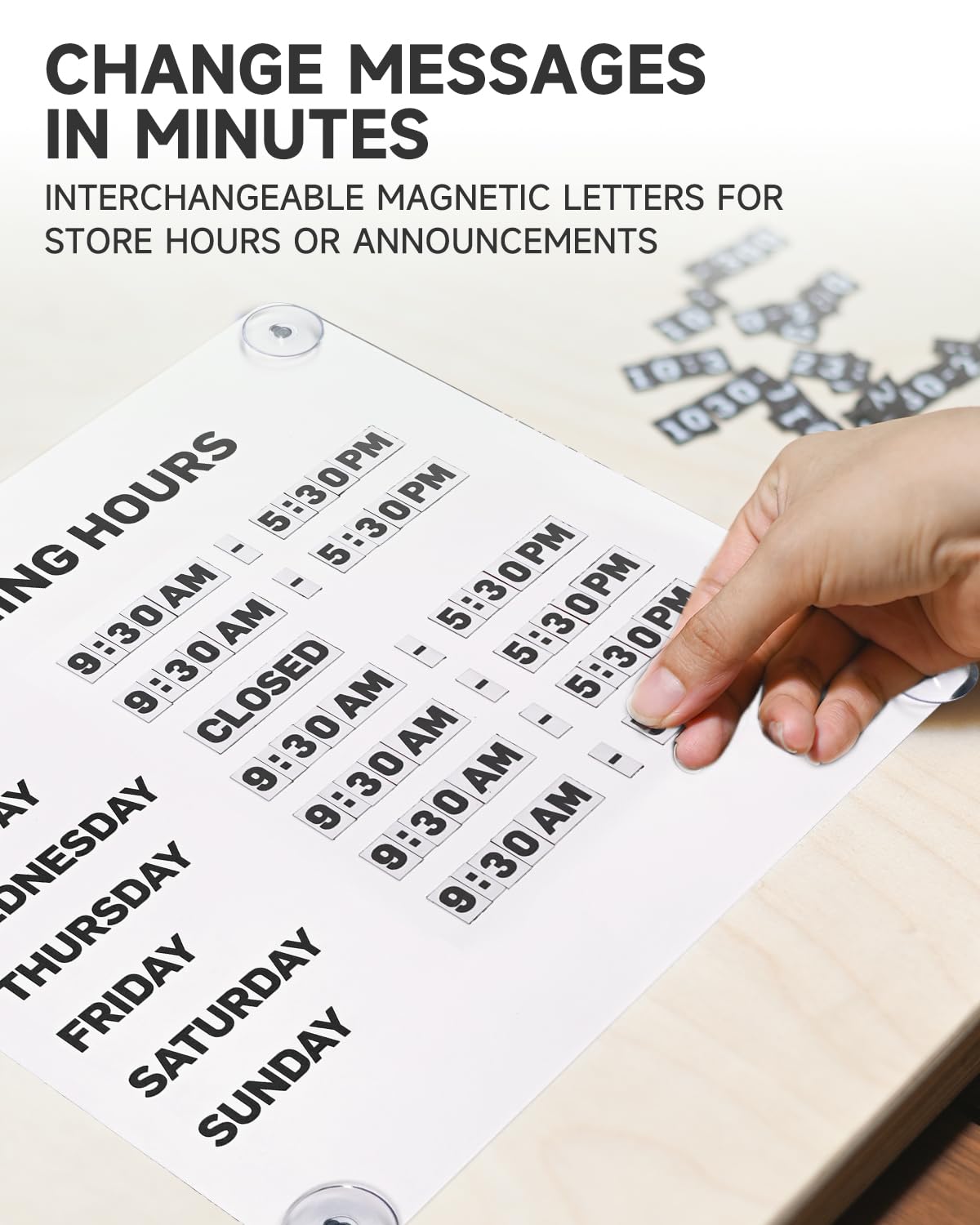 Metal Business Hours Sign with Suction Cups - Magnetic Open Closed Display Board for Storefront Window, Glass Door, Tile Wall & Counter - Changeable, Reusable & Rust-Resistant Steel Kit (White Board)