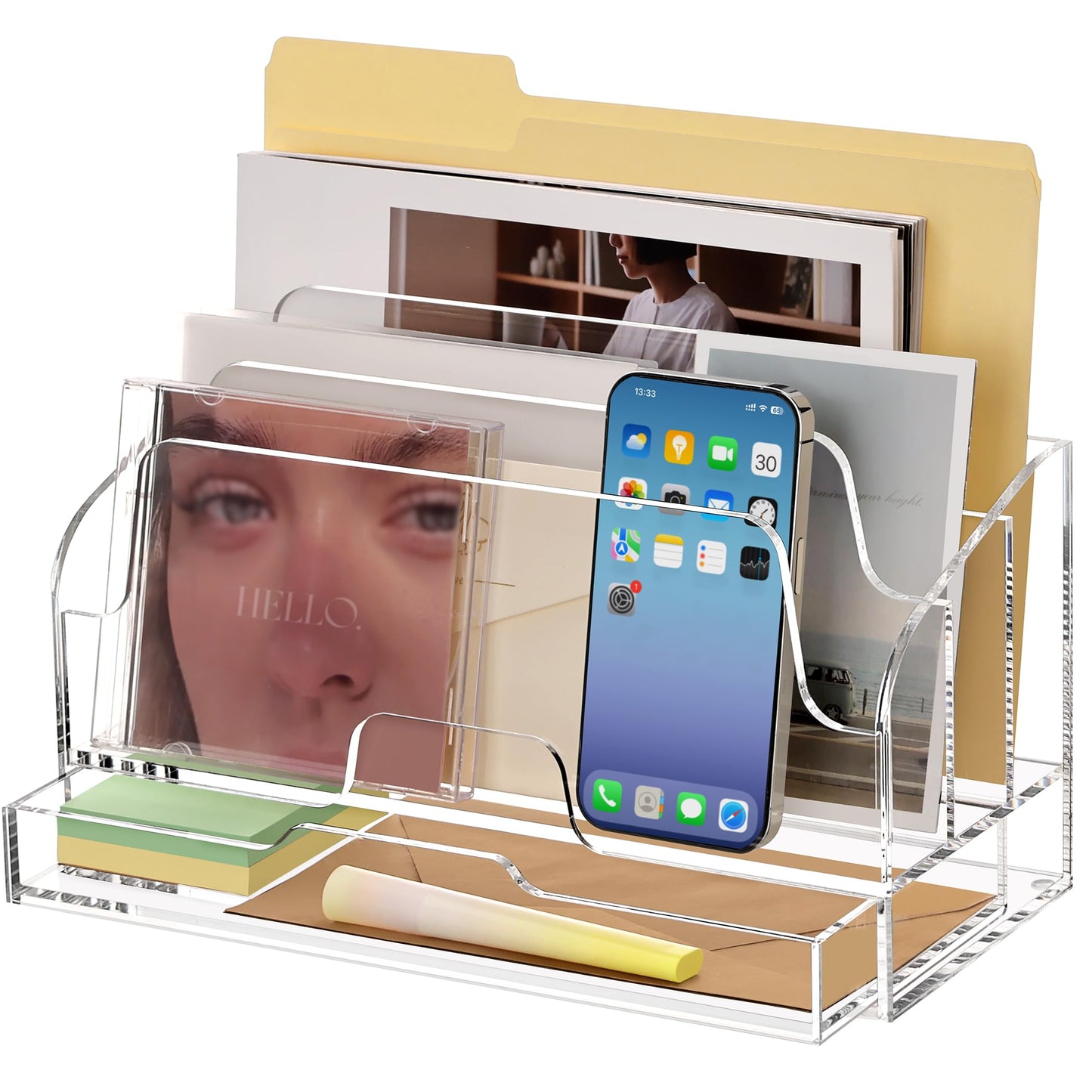 SANRUI Clear Desk Organizer Holder with Drawers, Acrylic Desktop Manila folders File Mail Sorter Box, Office Desk Accessories & Workspace Envelope Bill Letter Organization Racks, 3 Compartments
