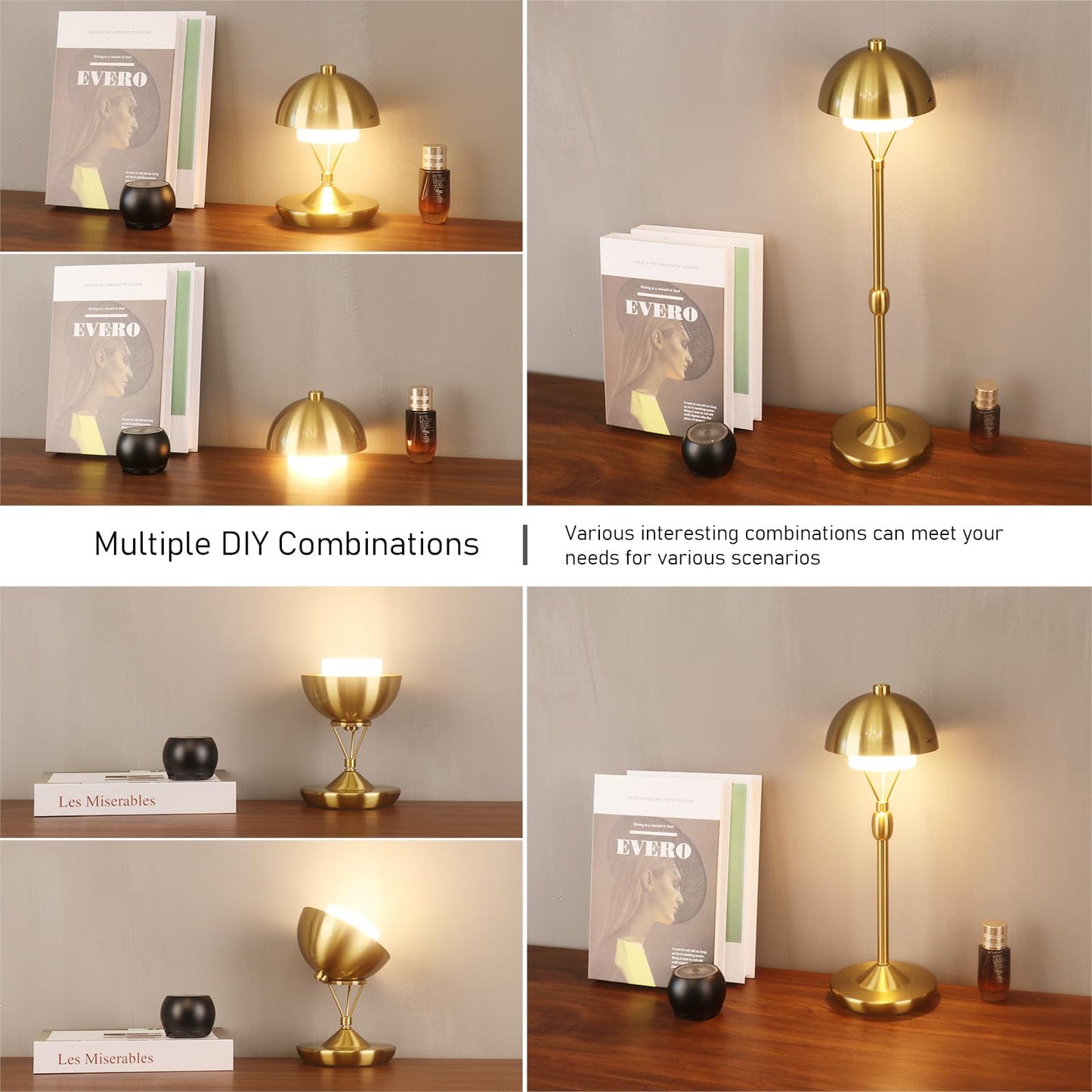 PSDSSHIIS Modern Table Lamp Cordless Portable Desk Lamp, 2700K Stepless Dimming Rechargeable Battery Operated LED Lights for Bedroom, USB-C Charging, Restaurant/Bar/Night Light/Gifts (Antique Brass)