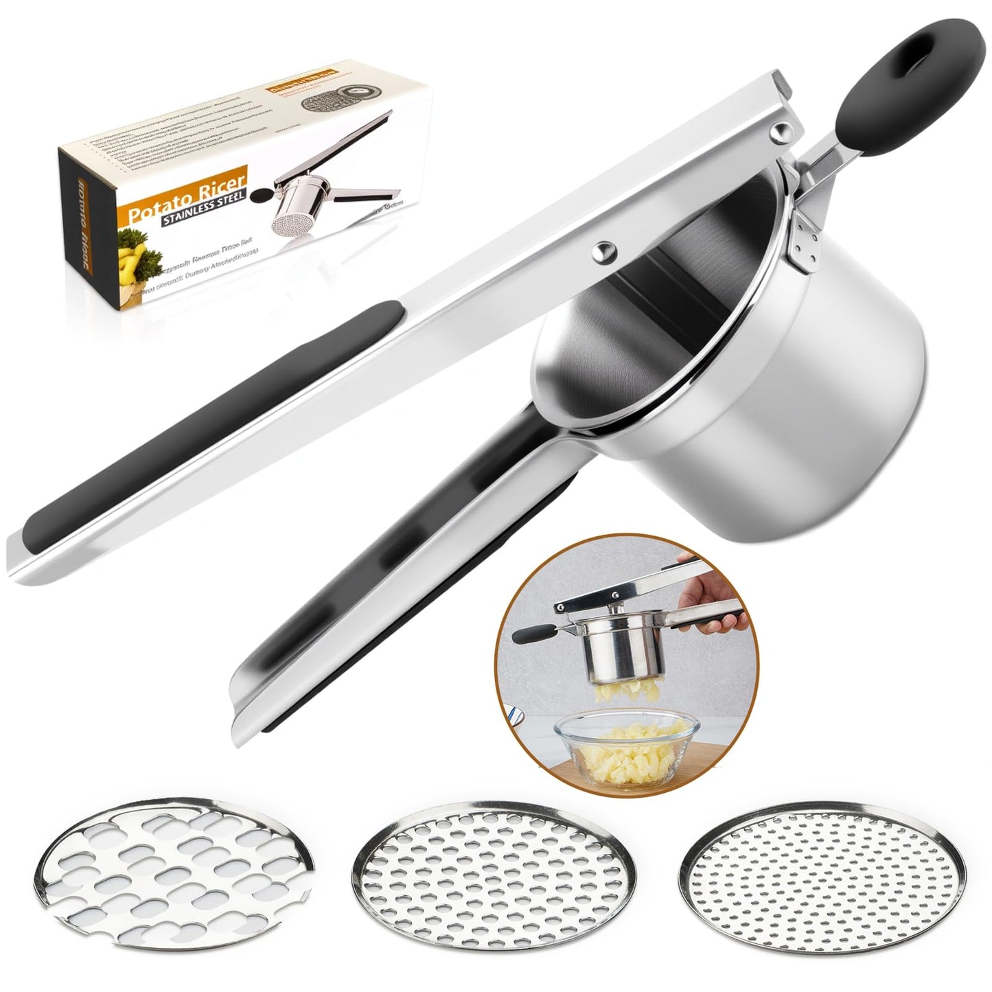 Roryimke 15oz Potato Ricer Heavy Duty Stainless Steel 3 Interchangeable Discs Potato Masher Spaetzle Maker with Silicone Handle Potato Press Kitchen Tool Ricer for Mashed Potatoes for Kitchen