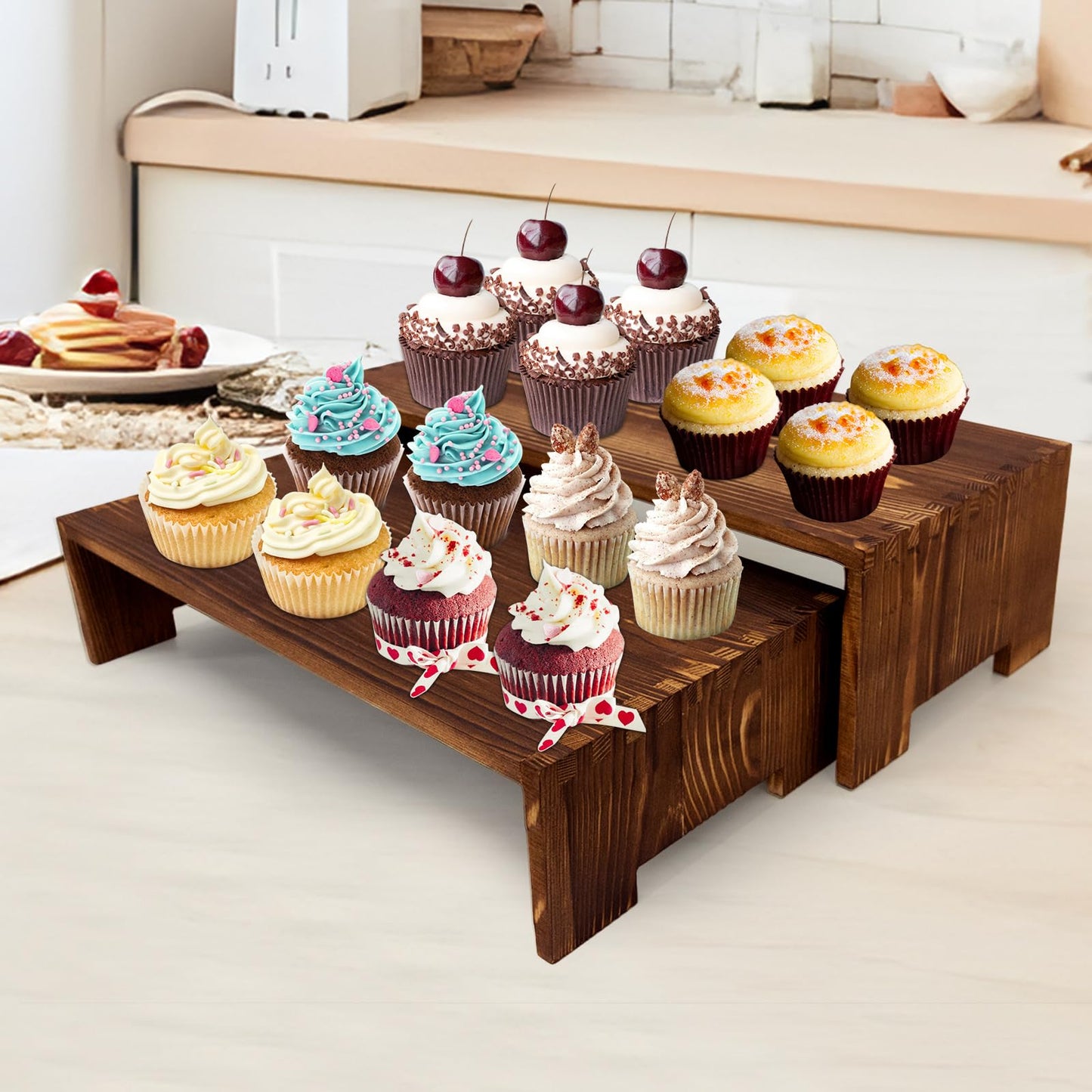 Yikaroeli 4Pcs Large Display Riser Wood Risers Cupcake Display Stand 2 Tier Racks Rectangular, 2 Set Perfume Decorative Display Dessert Stands for Vendors Event (Large/2Pack Brown)