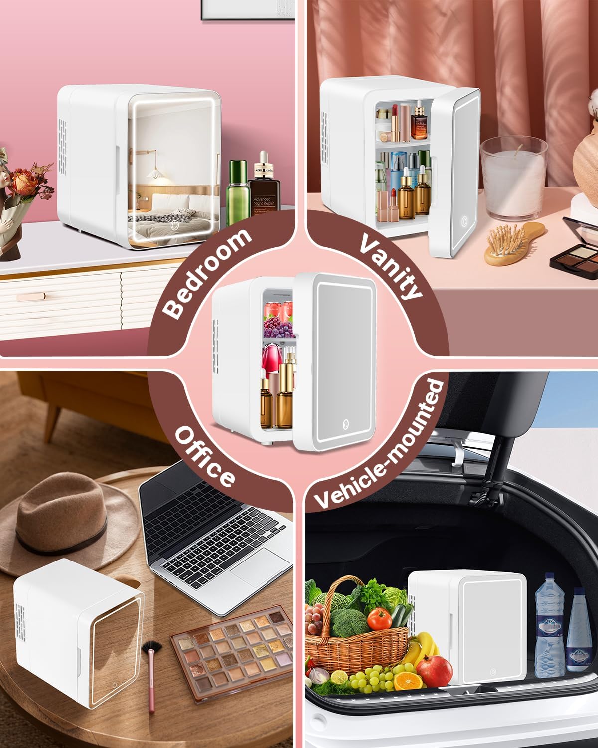 NISHCON Portable Mini Fridge for Skincare Beauty Cosmetic Makeup, 4-Liter Thermoelectric Cooling and Warming Skin Care Refrigerator With Mirrored Door and Dimmable LED Light, White