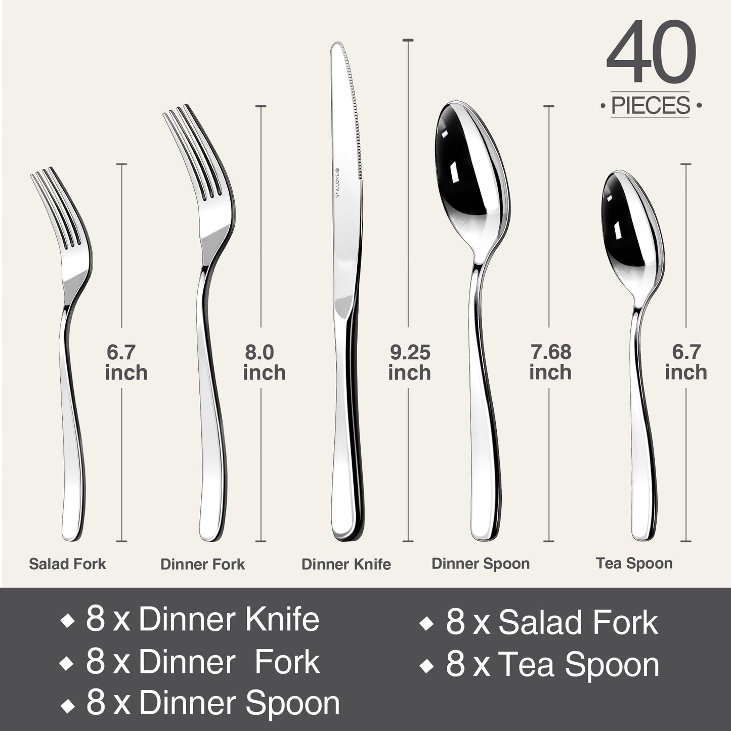 Silverware Set for 8, 40 Piece 18/10 Stainless Steel Flatware Utensils Cutlery Set, Mirror Polished knives Forks and Spoons Silverware Sets for Dinner,Wedding,Festival Gift,Dishwasher Safe,Rust Proof