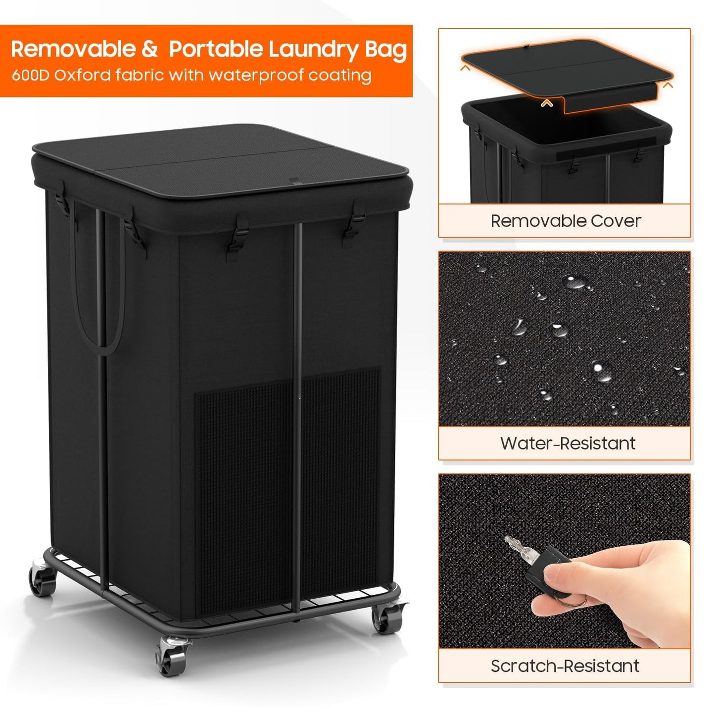 160L Laundry Hamper with Lid, Rolling Laundry Basket with Wheels, Large & Tall Dirty Clothes Hamper with Metal Frame and Removable Bag for Bedroom Aesthetic, Laundry Room, Bathroom, Dorm-Black