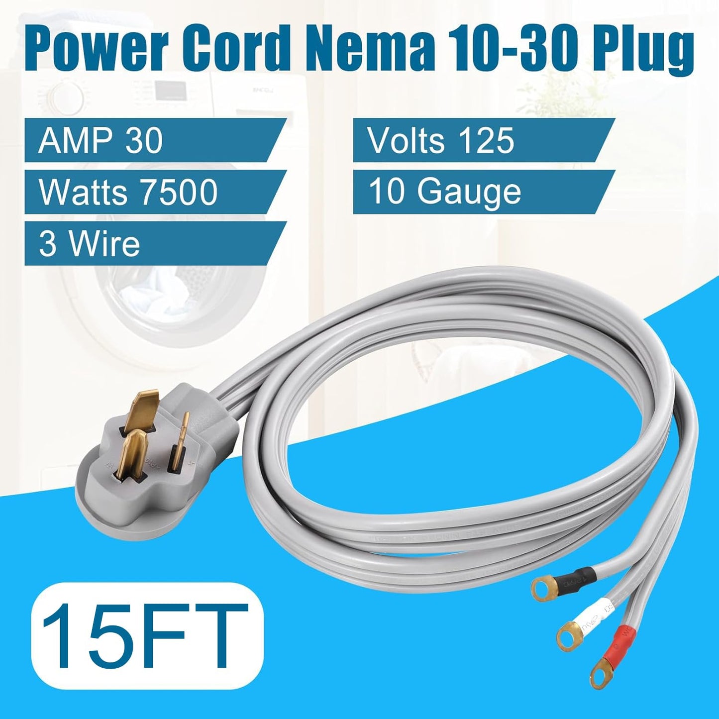 FiiMan 10 AWG 3 Prong Dryer Cord SRDT, 30 Amp 7500W Rated, NEMA 10-30P to 3-Wire Appliance Cord with Three Ring Terminals, Dryer Plug 3 Prong, Gray (15 FT)