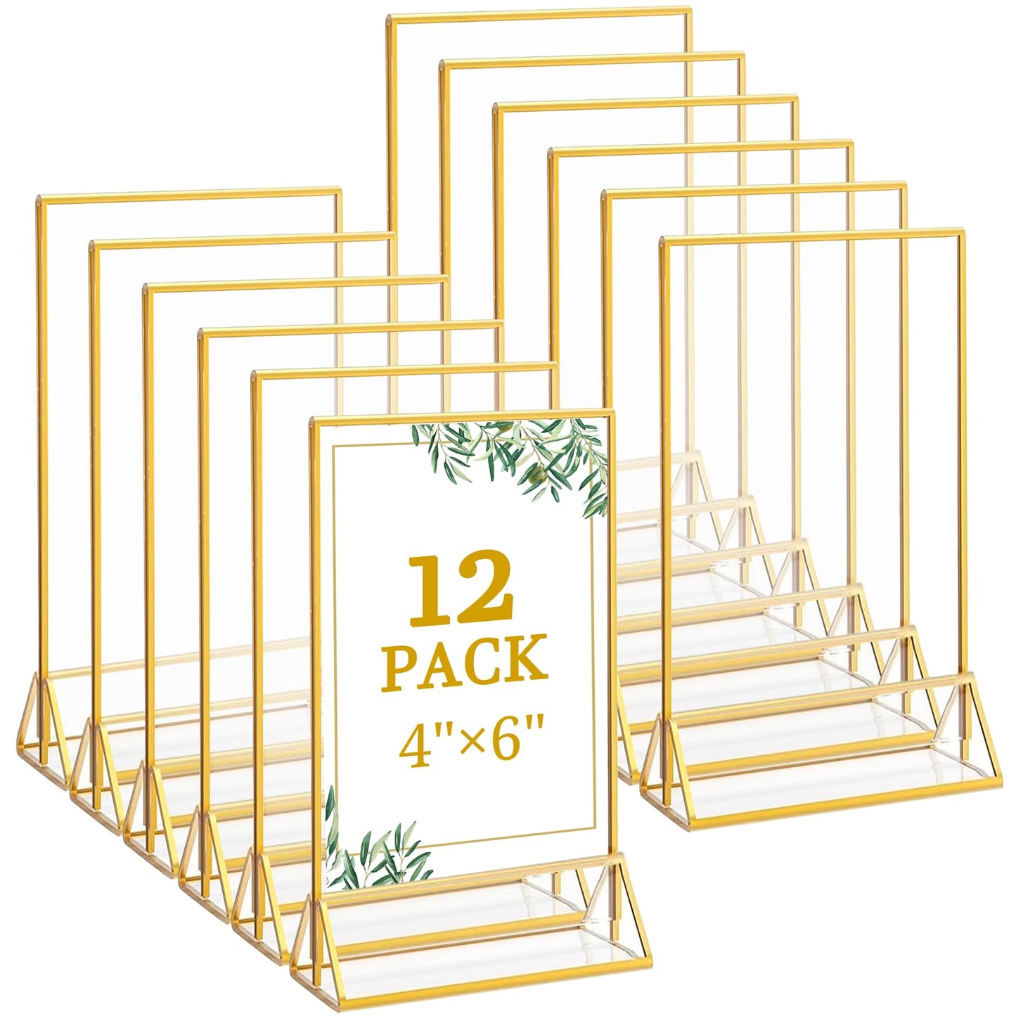 Floroom 12 Pack 4x6 Inch Clear Acrylic Sign Holders, Double-Sided Gold Display Stand Picture Frames for Table Numbers, Menus, Flyers, Weddings, and Offices