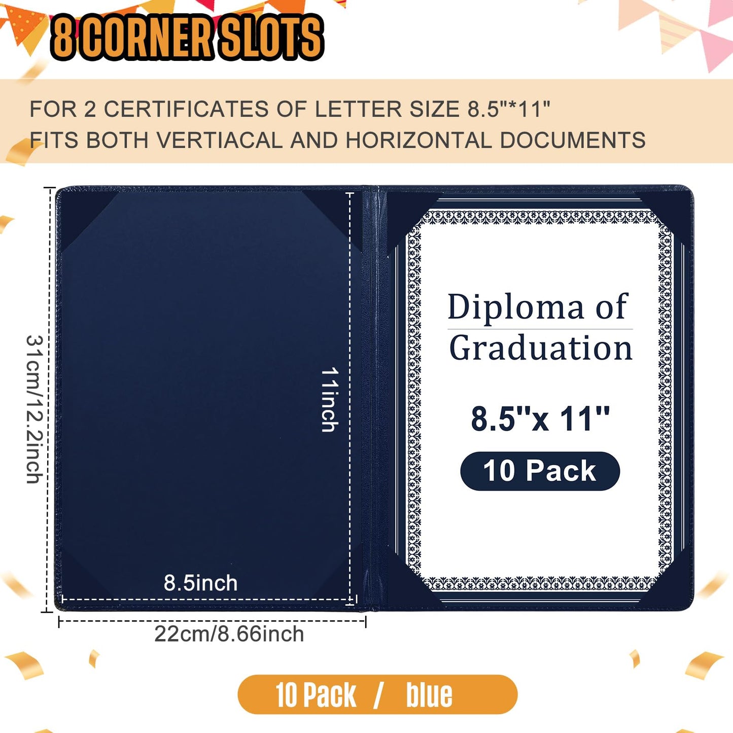 Tenare 10 Pcs Leather Certificate Holder 8.5 x 11 Inch PU Black Red Blue Purple Phd Bachelor Master Diploma Cover Professional Award Folder for Official Graduation Competition Contest Charity (Blue)