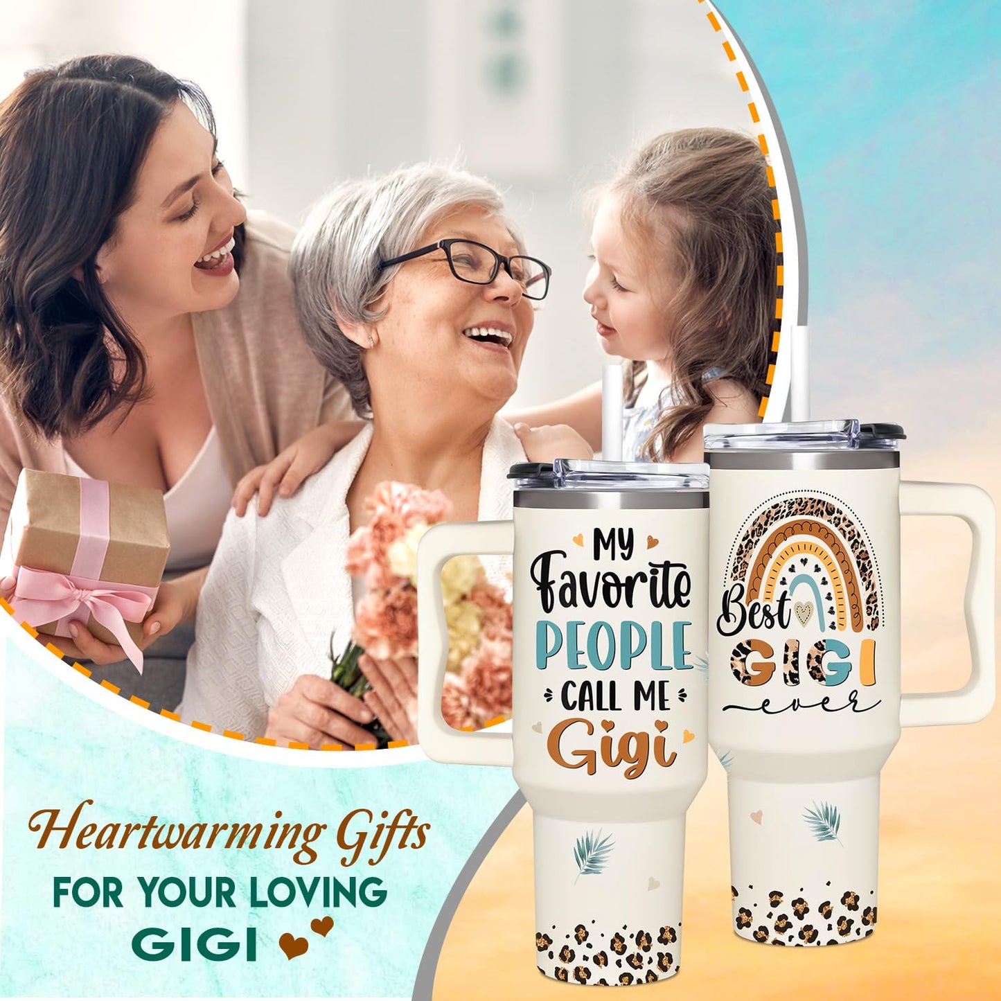 365FURY Gigi Gifts For Grandma - Mothers Day Gifts For Gigi - Birthday Gift, Christmas Gift For Grandma From Grandkids, Grandchildren - 40Oz Insulated Tumbler Handle With Lid & Straw