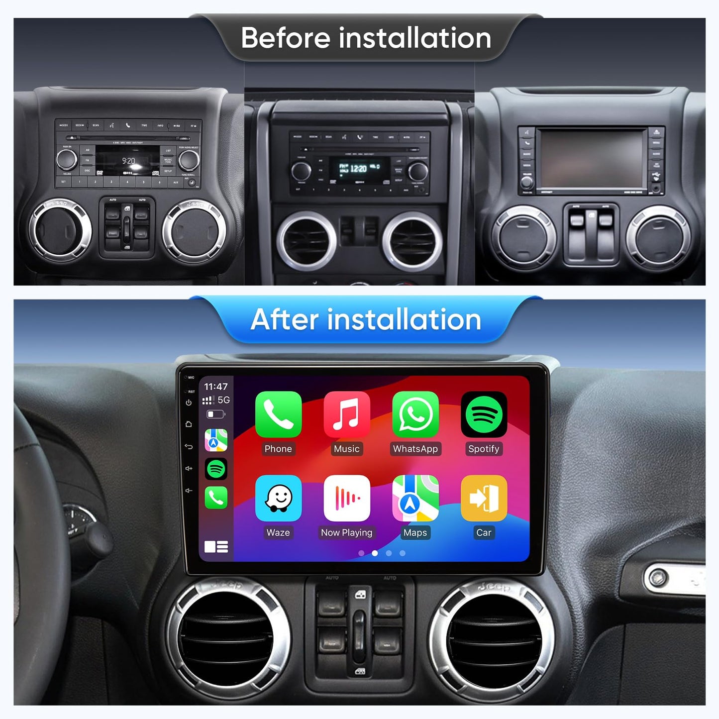 10.2 Inch Car Radio Stereo Upgrade Replacement for Jeep Wrangler/JK 2007-2018 Jeep Patriot 2009-2016 Dodge Ram 1500 2500 2009 2010 2011 2012 withCarPlay/Android Auto/Touch Screen/FM/HD Backup Camera