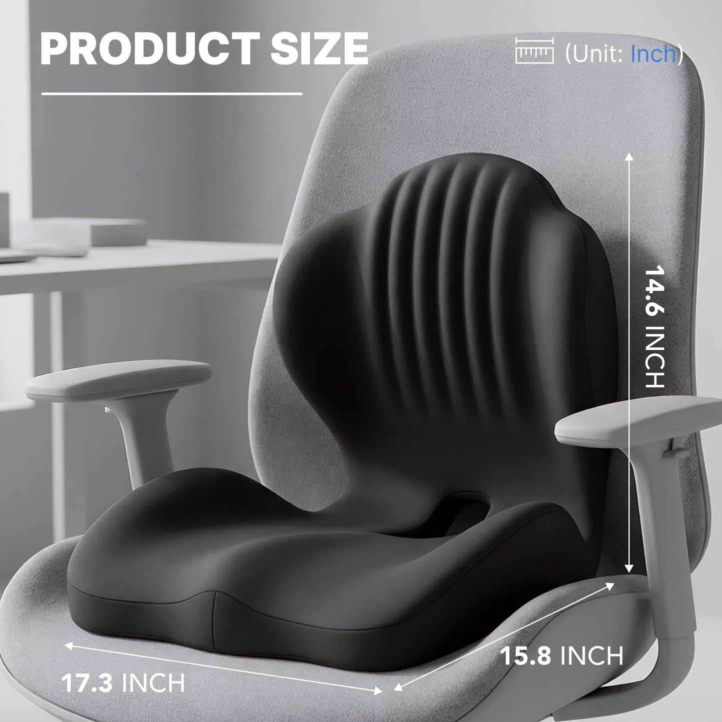 Ergonomic Seat Cushion, Office Chair Seat Cushions with L-Shaped Design, Memory Foam Orthopedic Cushion with Coccyx Hollow, Lumbar Support & Tailbone Pain Relief for Car, Truck, Gaming Chair (Black)
