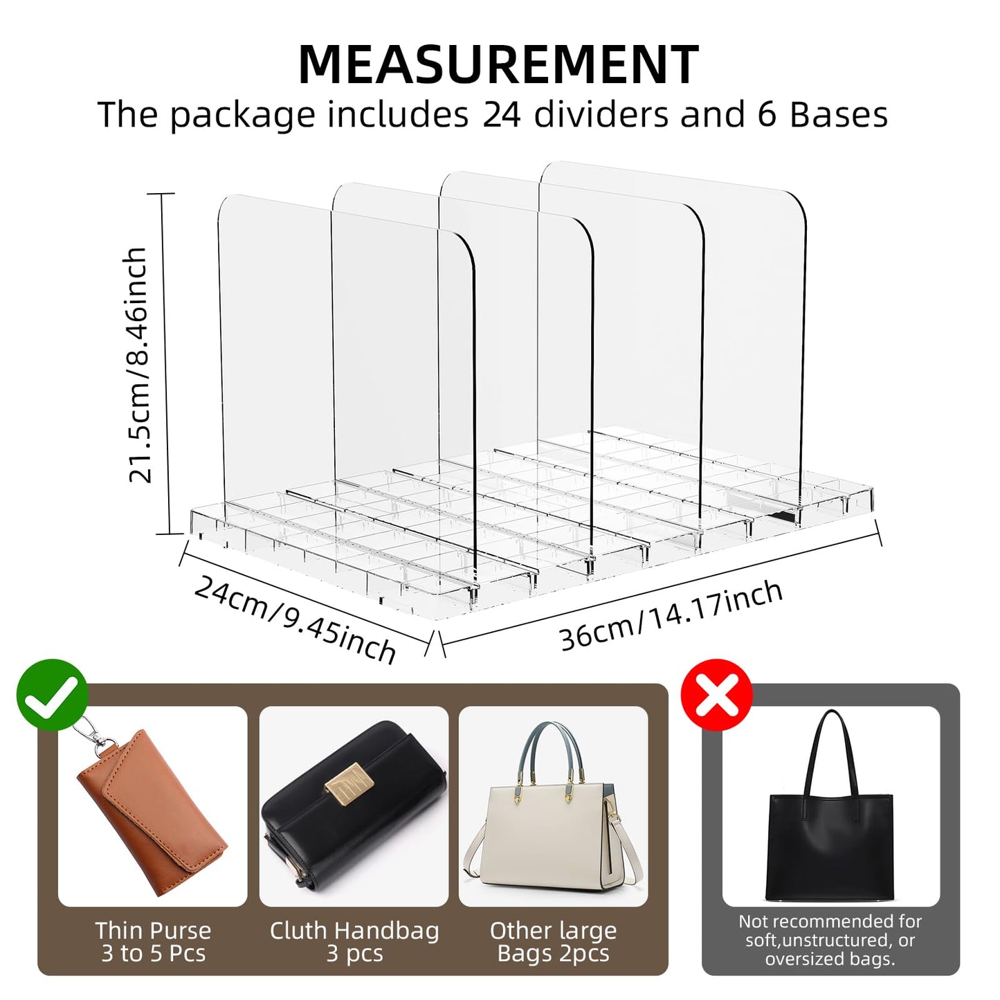 MSHOMELY Stackable Bag & Purse Organizer for Closet Acrylic Shelf Dividers for Closet Organization, Clear Handbag Purse Storage Organizer Divider, Keep Clutch, Wallet, Pocketbook Upright, 6 Pack