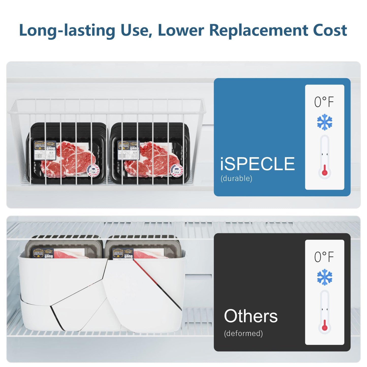 iSPECLE Freezer Organizer Bins - 4 Pack Upright Freezer Baskets for 17/21 Cu.Ft Stand Up Freezer, Wire Storage for Reach-In Freezer, Slide-Out Access, Prevents Items Falling, 2 Large 2 Medium, White