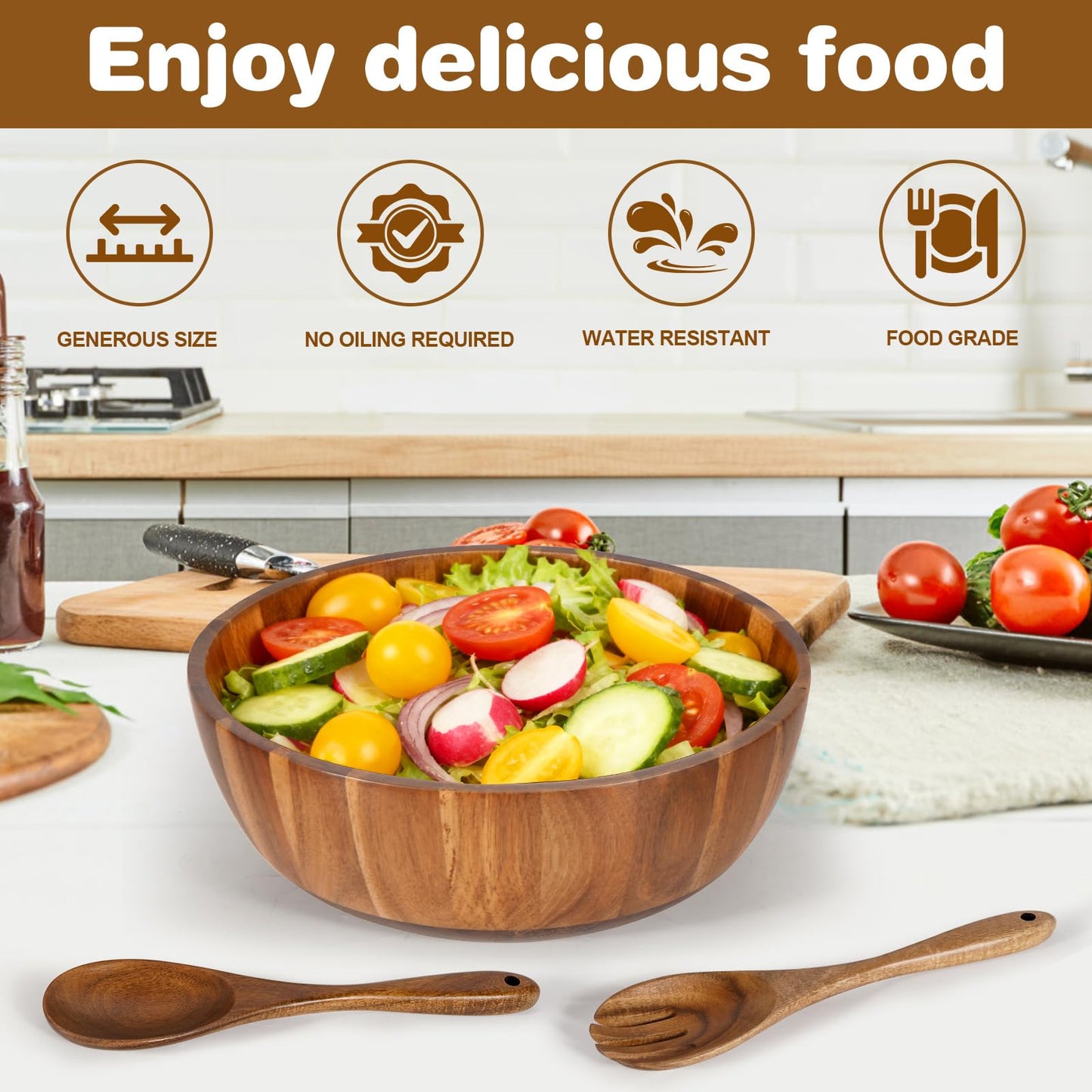MYRAINBOW Wooden Salad Bowl Set 11.8 Inch – Acacia Large Wood Salad Bowl with Wooden Serving Utensils, Big Salad Bowls for Fruits, Food Serving & Hosting Family Gatherings