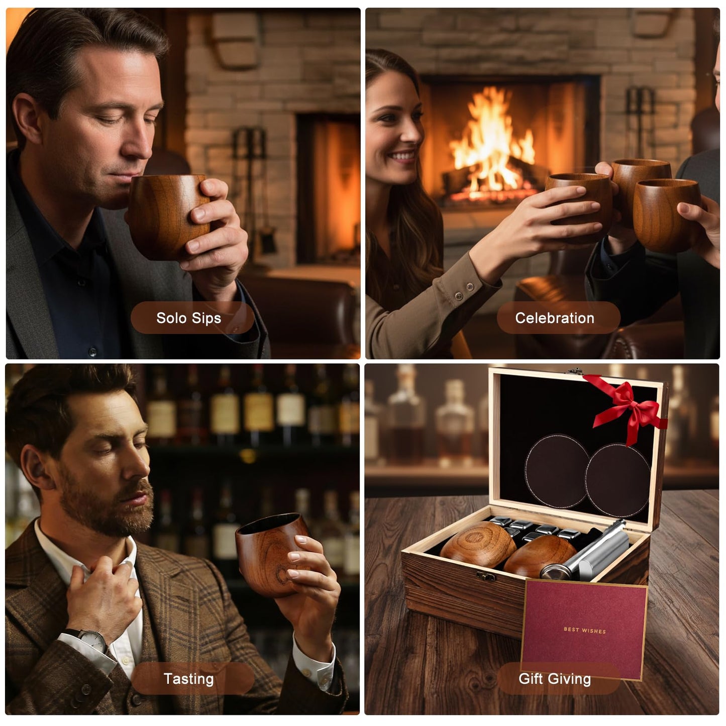 Solunvia Charred Wooden Bourbon Drinking Glass Wooden Whiskey Glasses Set of 2 17-Piece Complete Whiskey Gift Set Old Fashioned Glass Bourbon Gifts for Men Dad, Husband, Brother (Silver Accents)