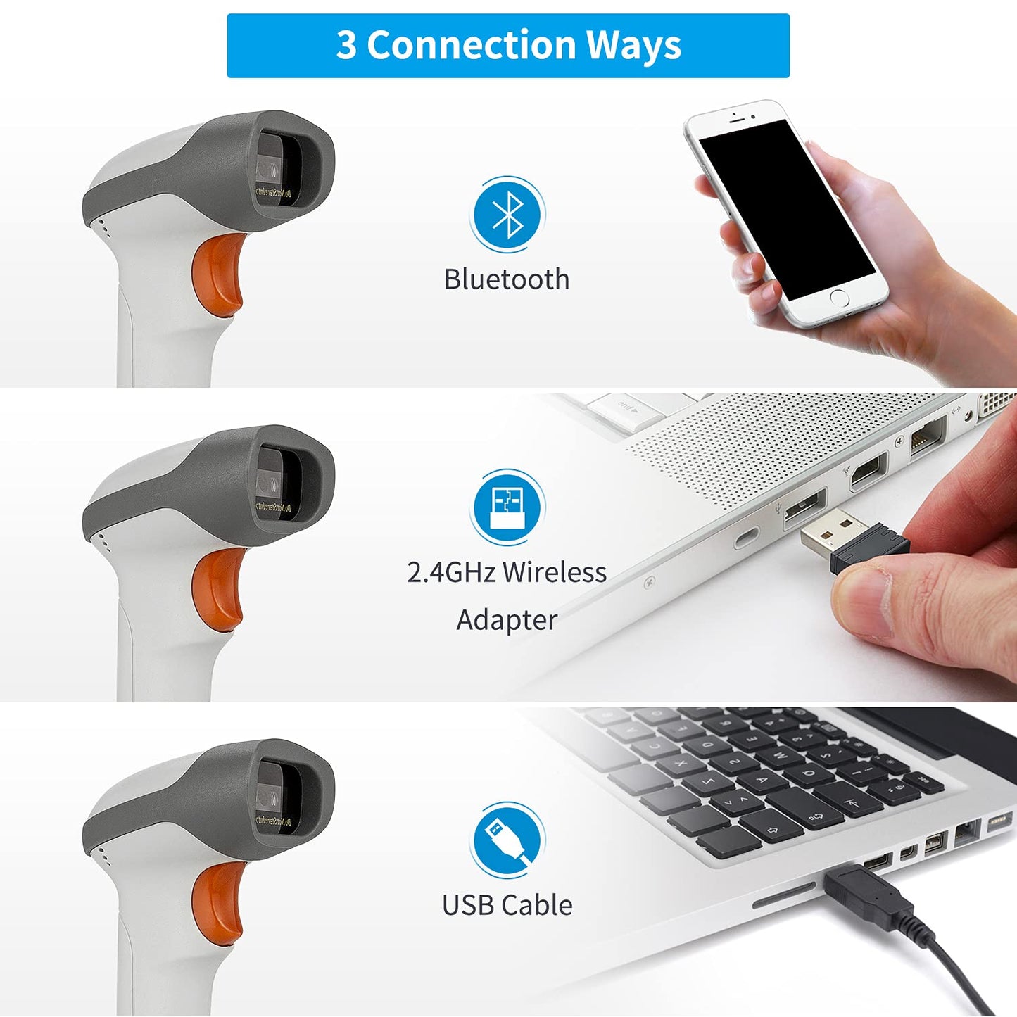 NetumScan Bluetooth 2D Barcode Scanner, 3 in 1 Automatic Wireless QR Barcode Reader USB Image Code Scanner for Store, Warehouse POS, Computer, Tablet, iPad, iPhone, Android