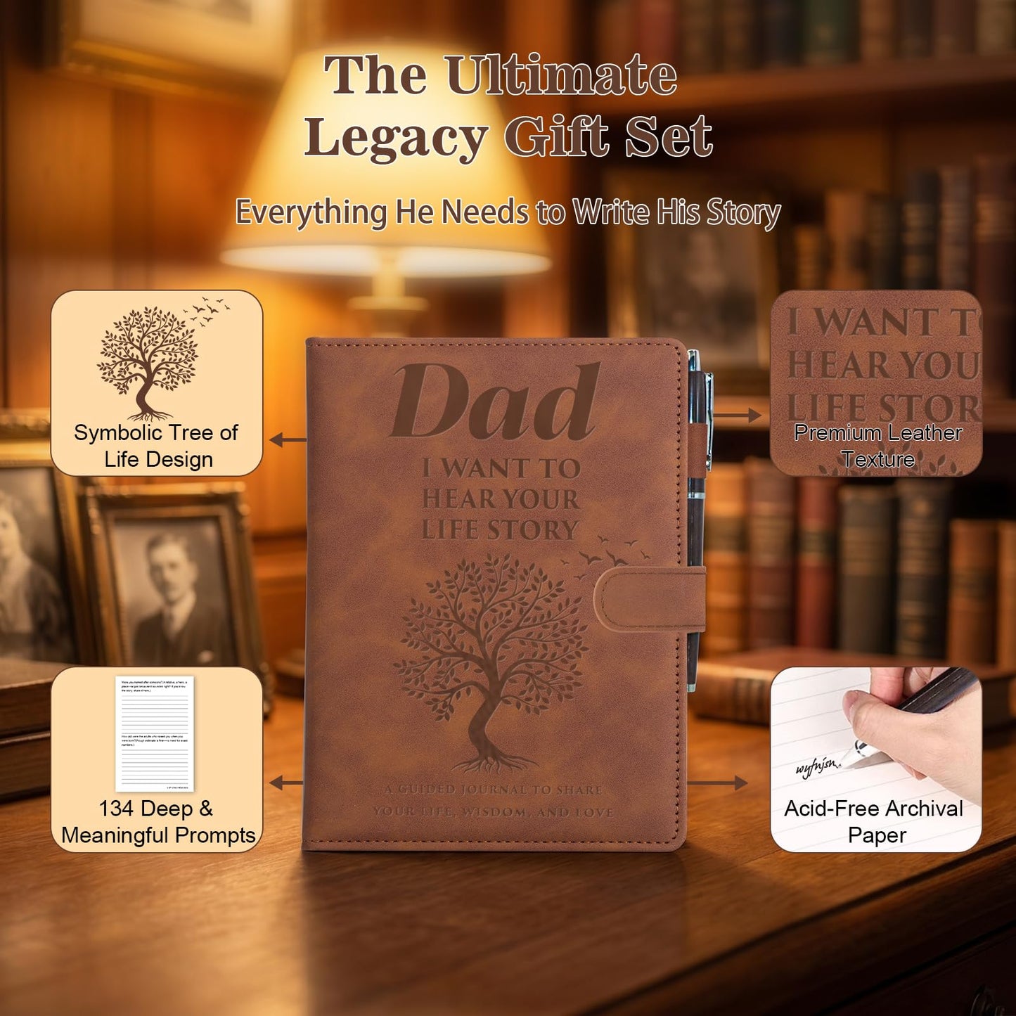 BELIVIUM Dad I Want To Hear Your Story Leather Journal Gift Set Fathers Day Gift from Daughter Son Kids Family Heirloom Keepsake Meaningful Sentimental Dad Birthday Gifts